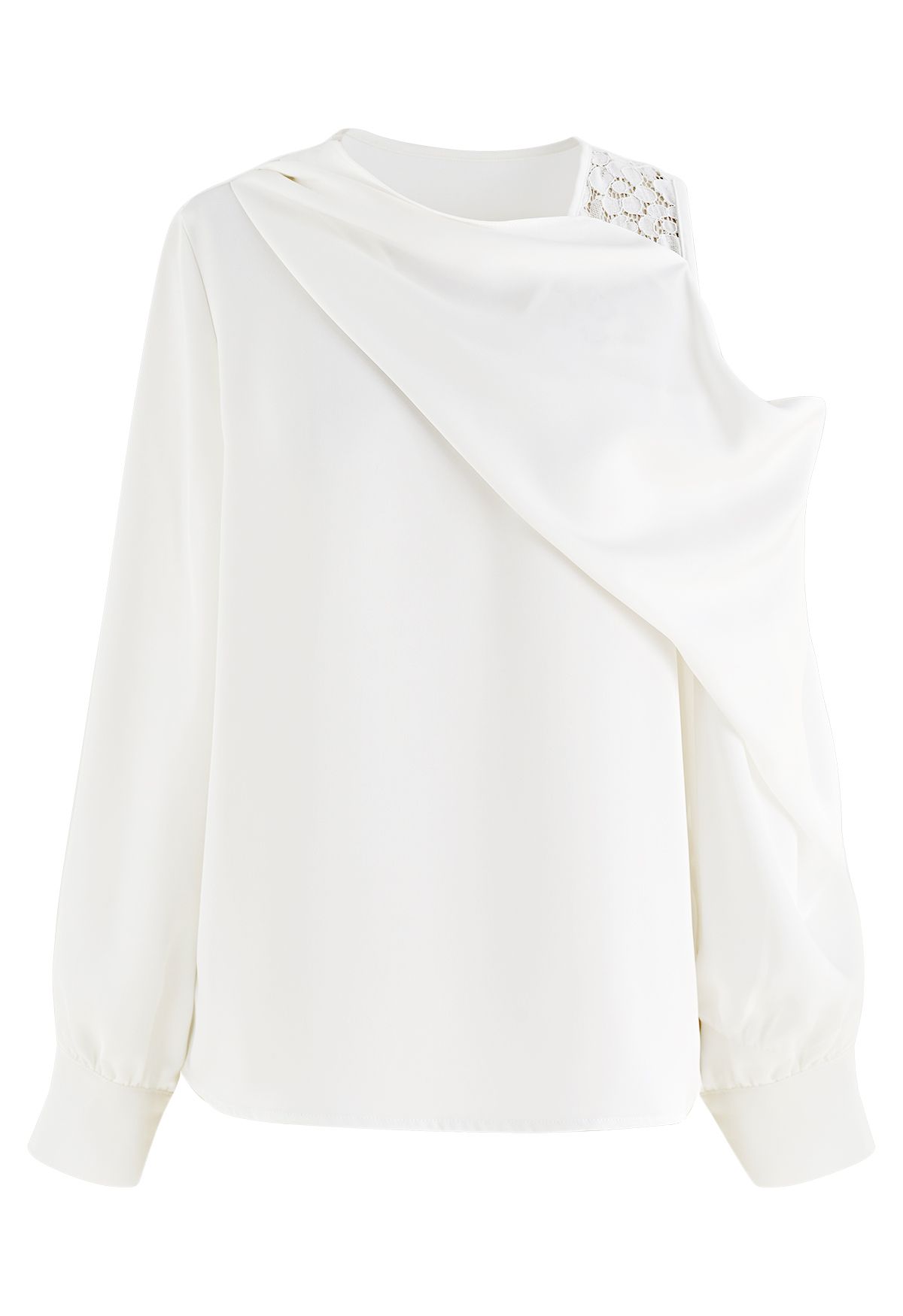 Asymmetric Cold-Shoulder Drape Satin Top in White