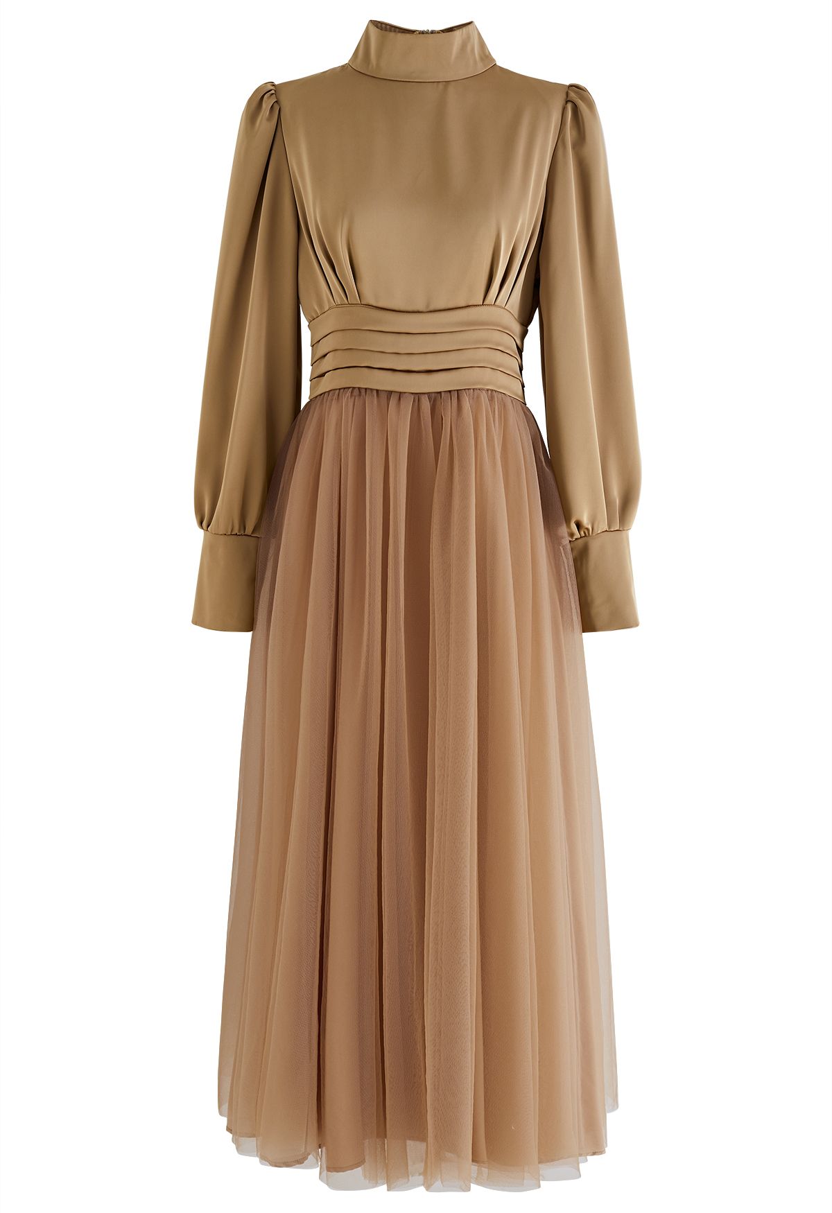 Shine Bright High Neck Tulle Maxi Dress in Tan