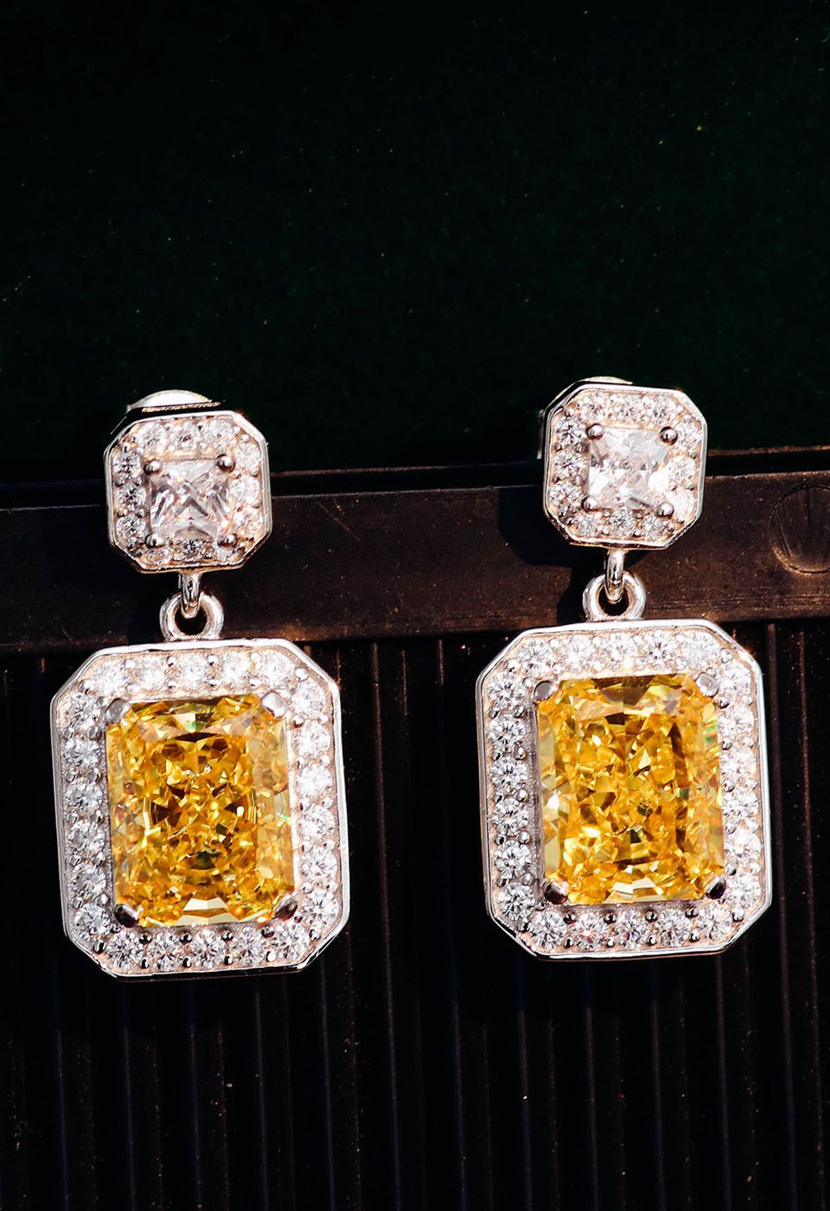 Rectangle Yellow Crystal Cubic Zirconia Earrings