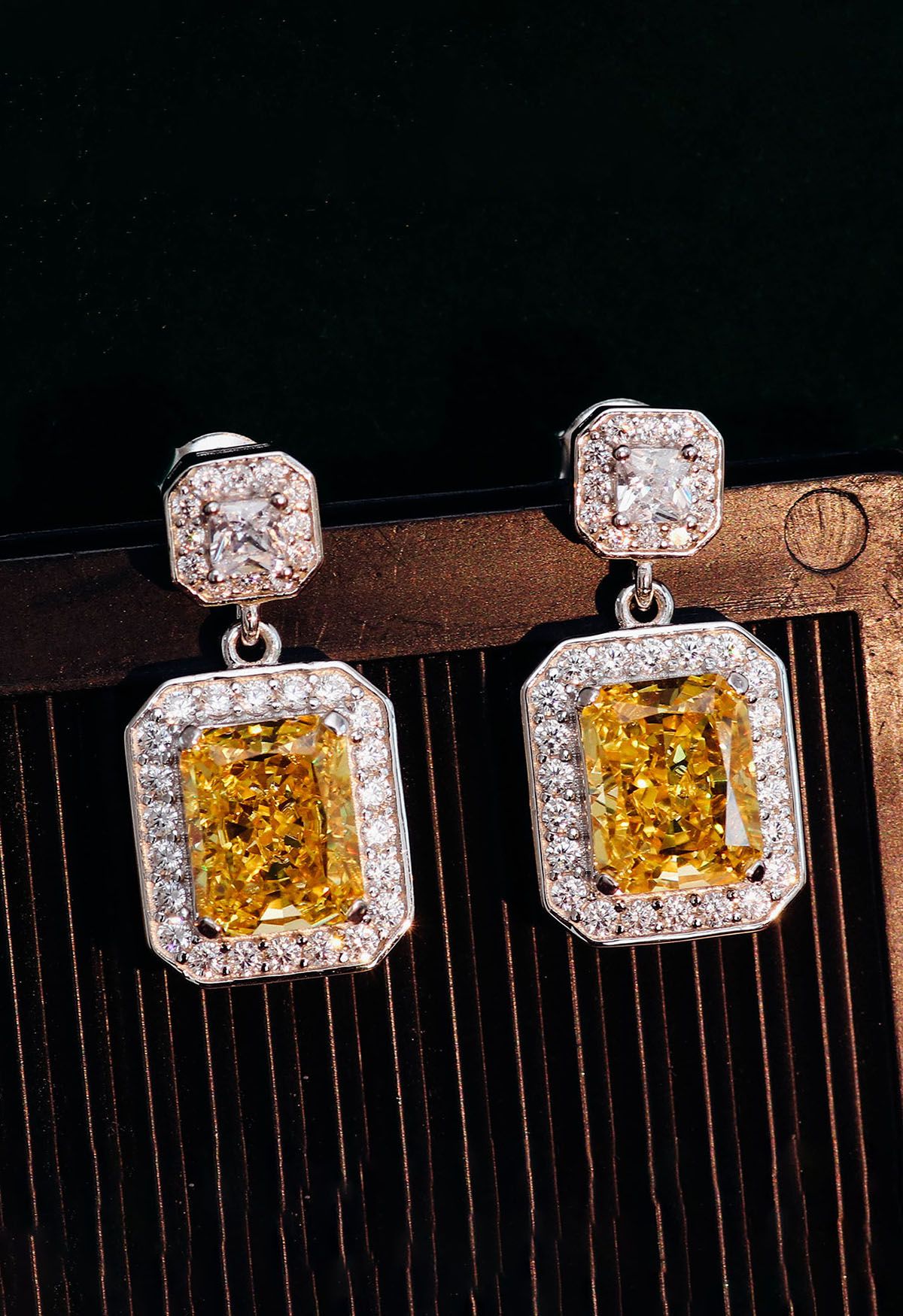 Rectangle Yellow Crystal Cubic Zirconia Earrings