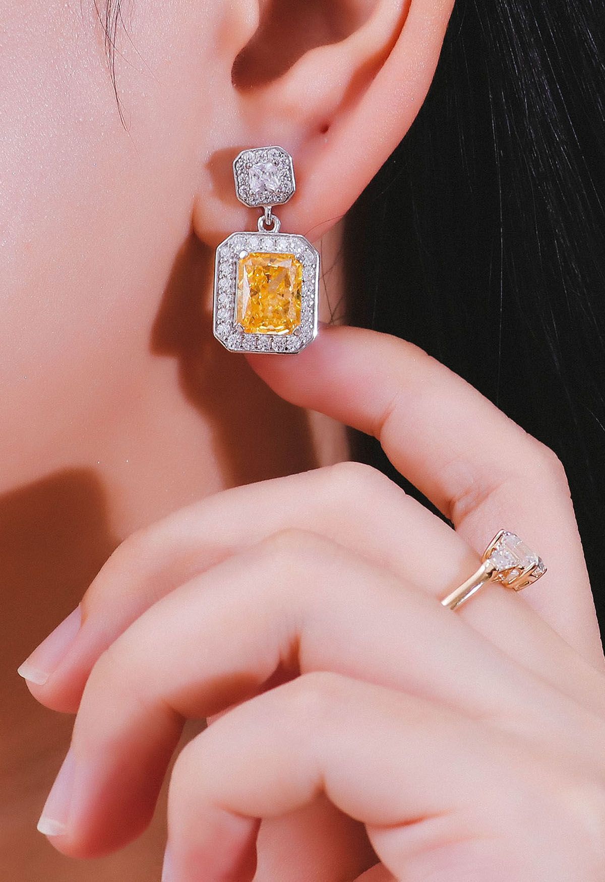 Rectangle Yellow Crystal Cubic Zirconia Earrings