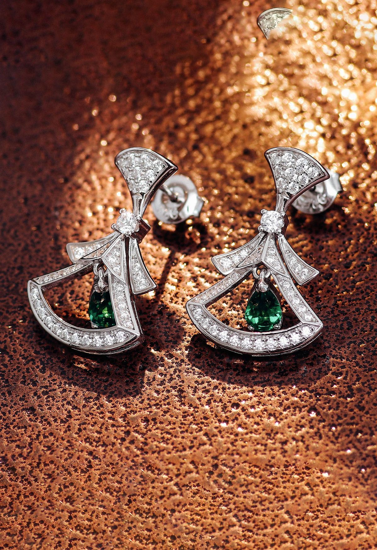 Hollow Out Fan Shape Emerald Gem Earrings