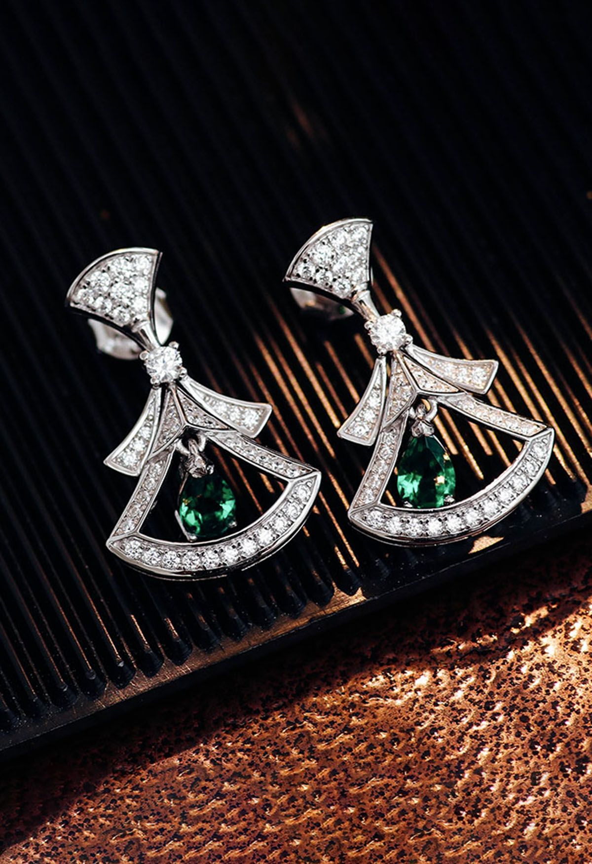 Hollow Out Fan Shape Emerald Gem Earrings