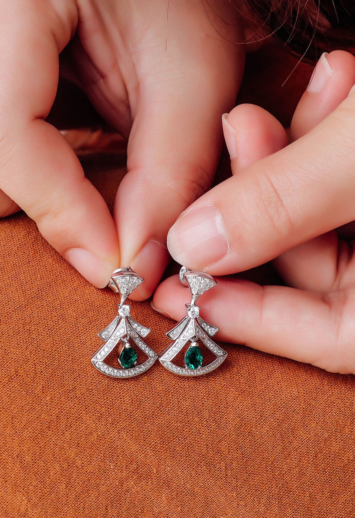 Hollow Out Fan Shape Emerald Gem Earrings