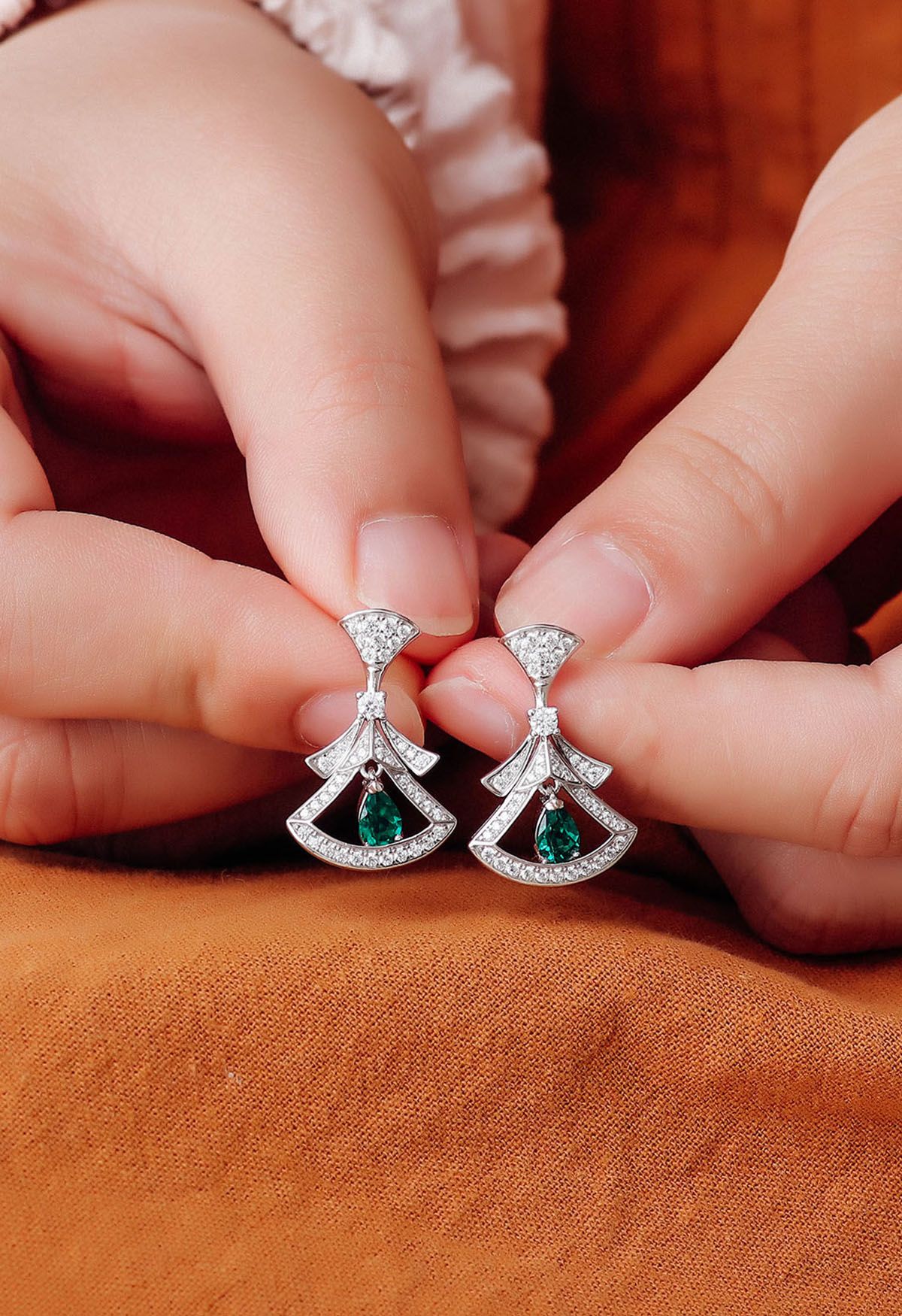 Hollow Out Fan Shape Emerald Gem Earrings