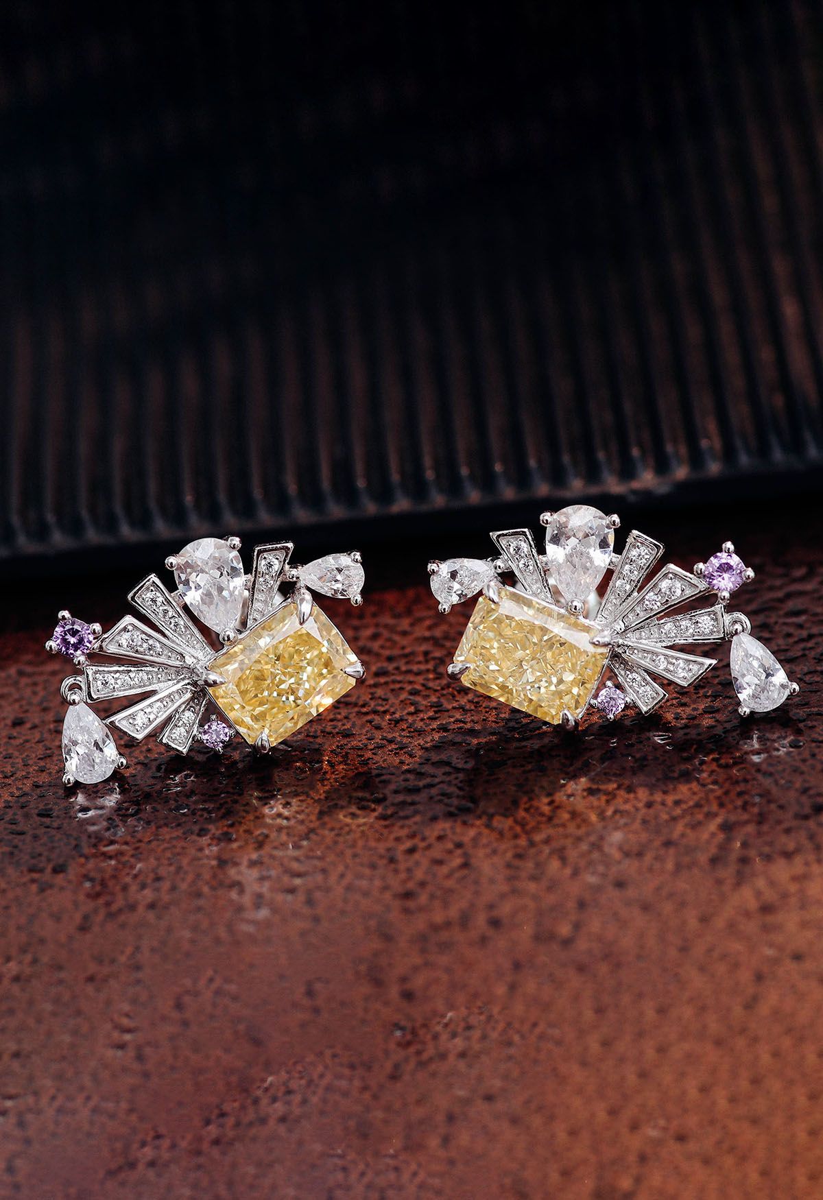 Yellow Crystal Fan Shape Cubic Zirconia Earrings