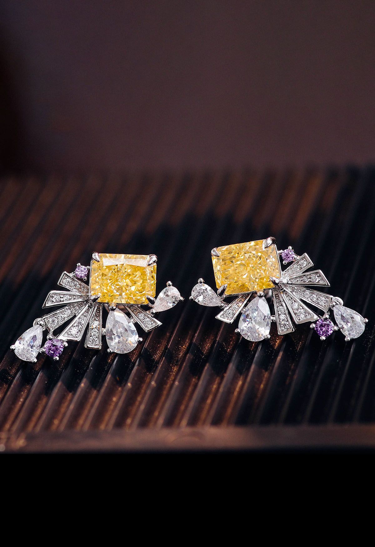 Yellow Crystal Fan Shape Cubic Zirconia Earrings