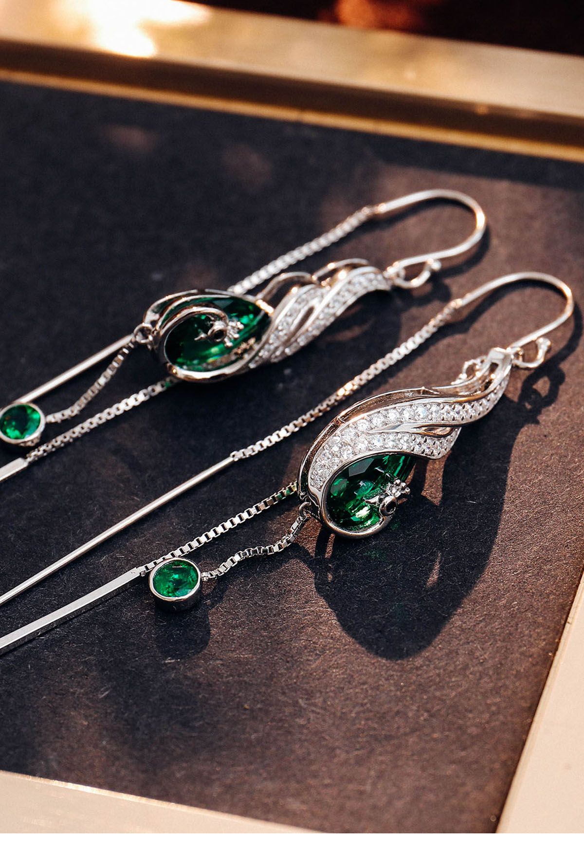 Peacock Shape Emerald Gem Drop Earring 