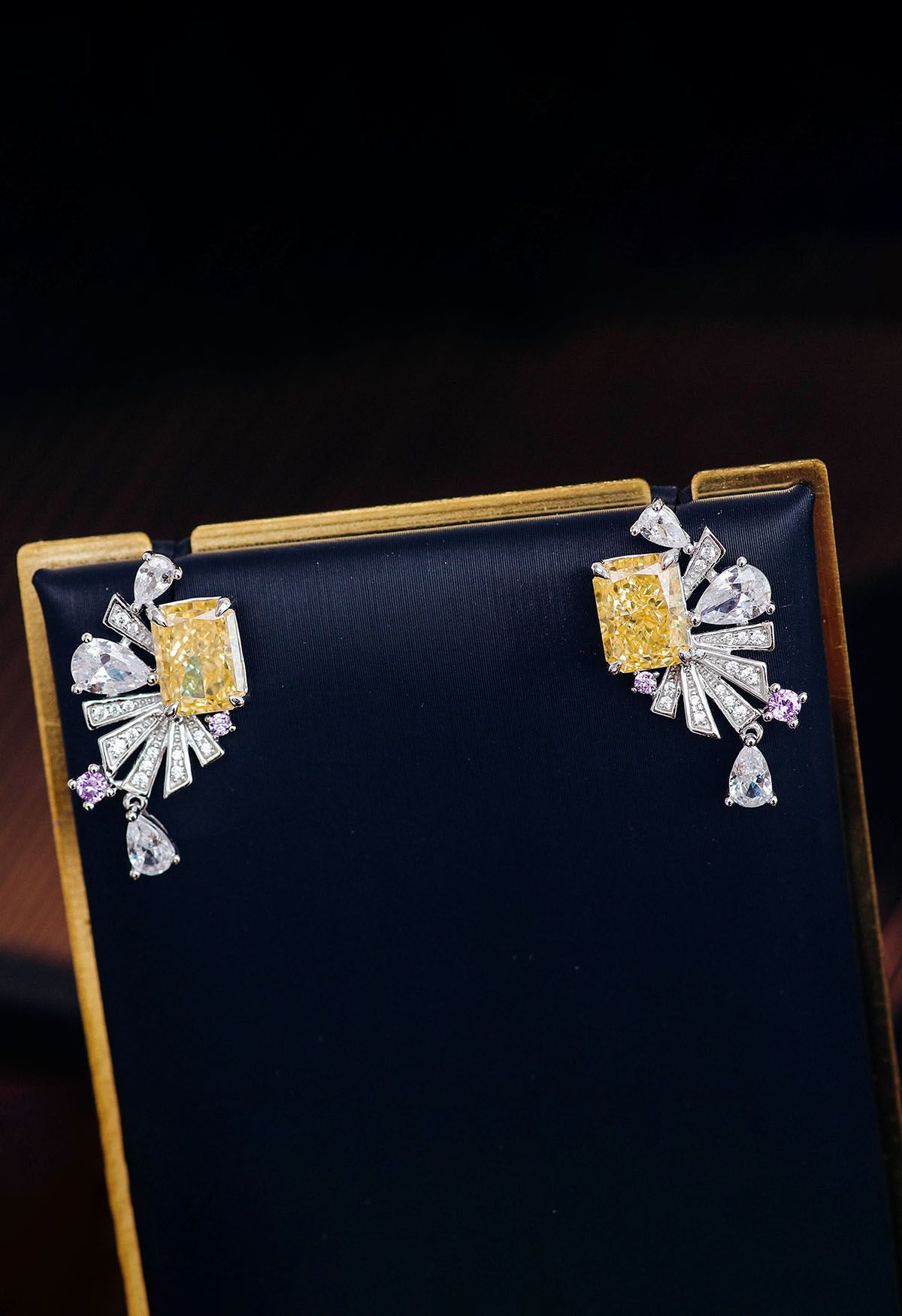 Yellow Crystal Fan Shape Cubic Zirconia Earrings