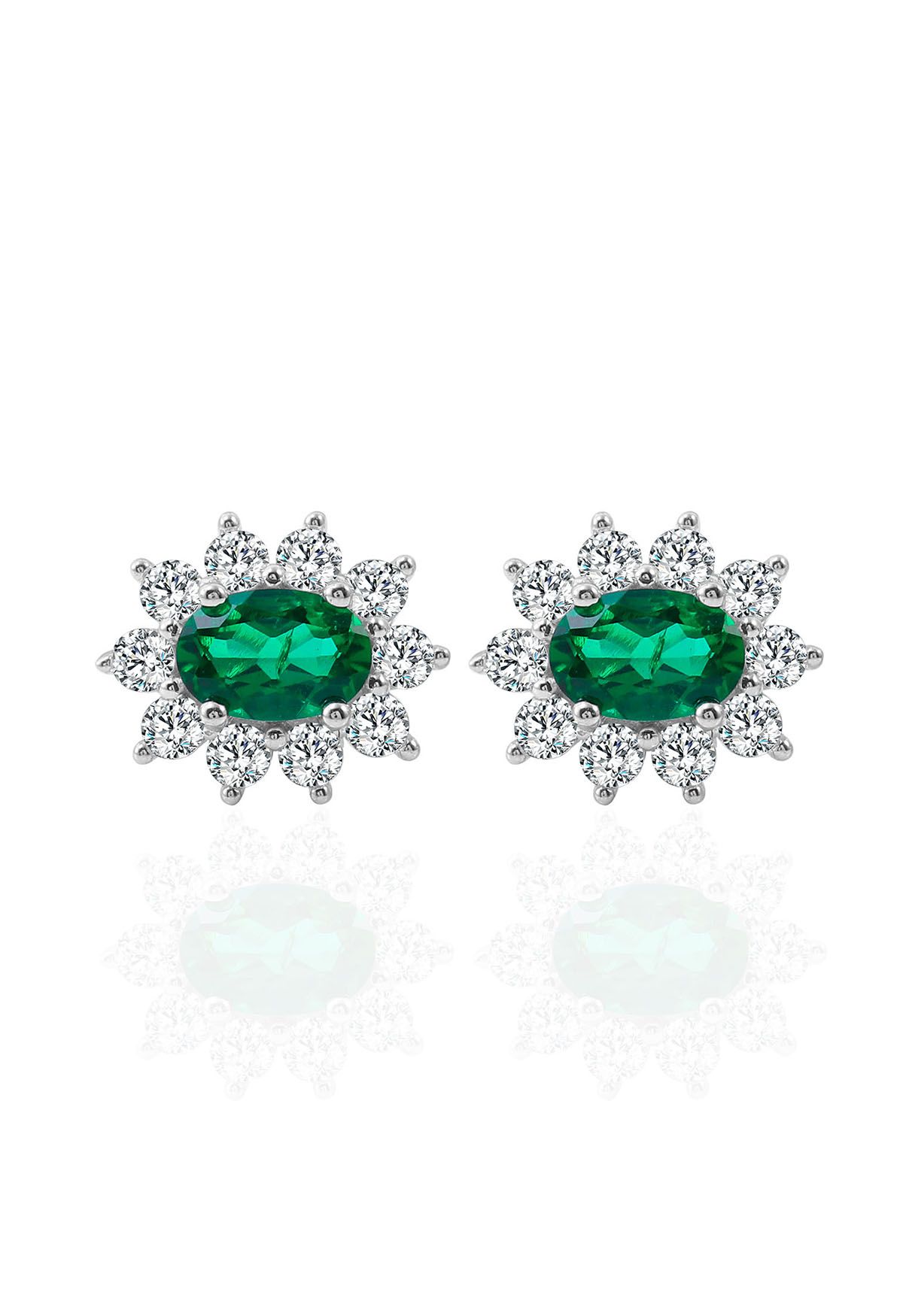 Floral Oval Emerald Gem Stud Earrings