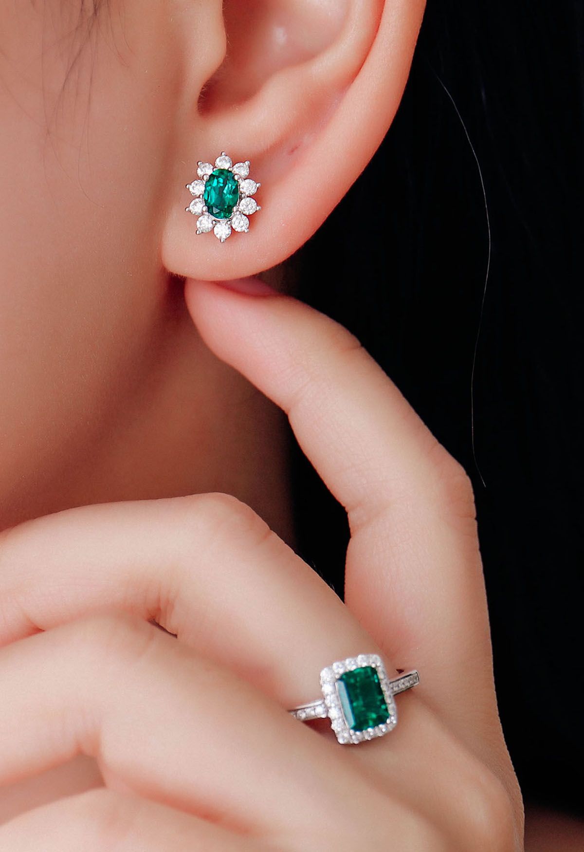 Floral Oval Emerald Gem Stud Earrings