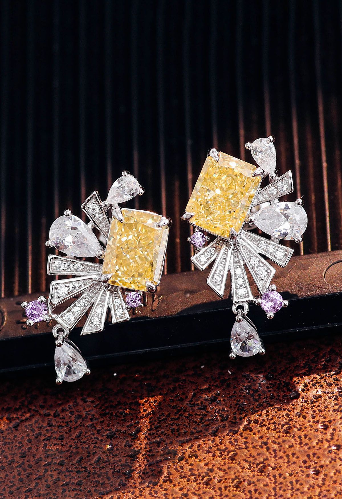 Yellow Crystal Fan Shape Cubic Zirconia Earrings