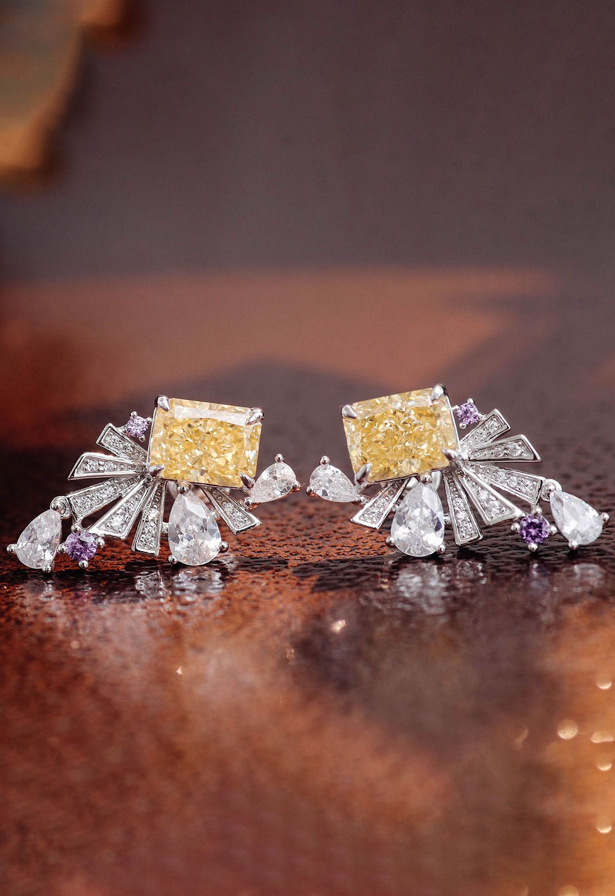 Yellow Crystal Fan Shape Cubic Zirconia Earrings