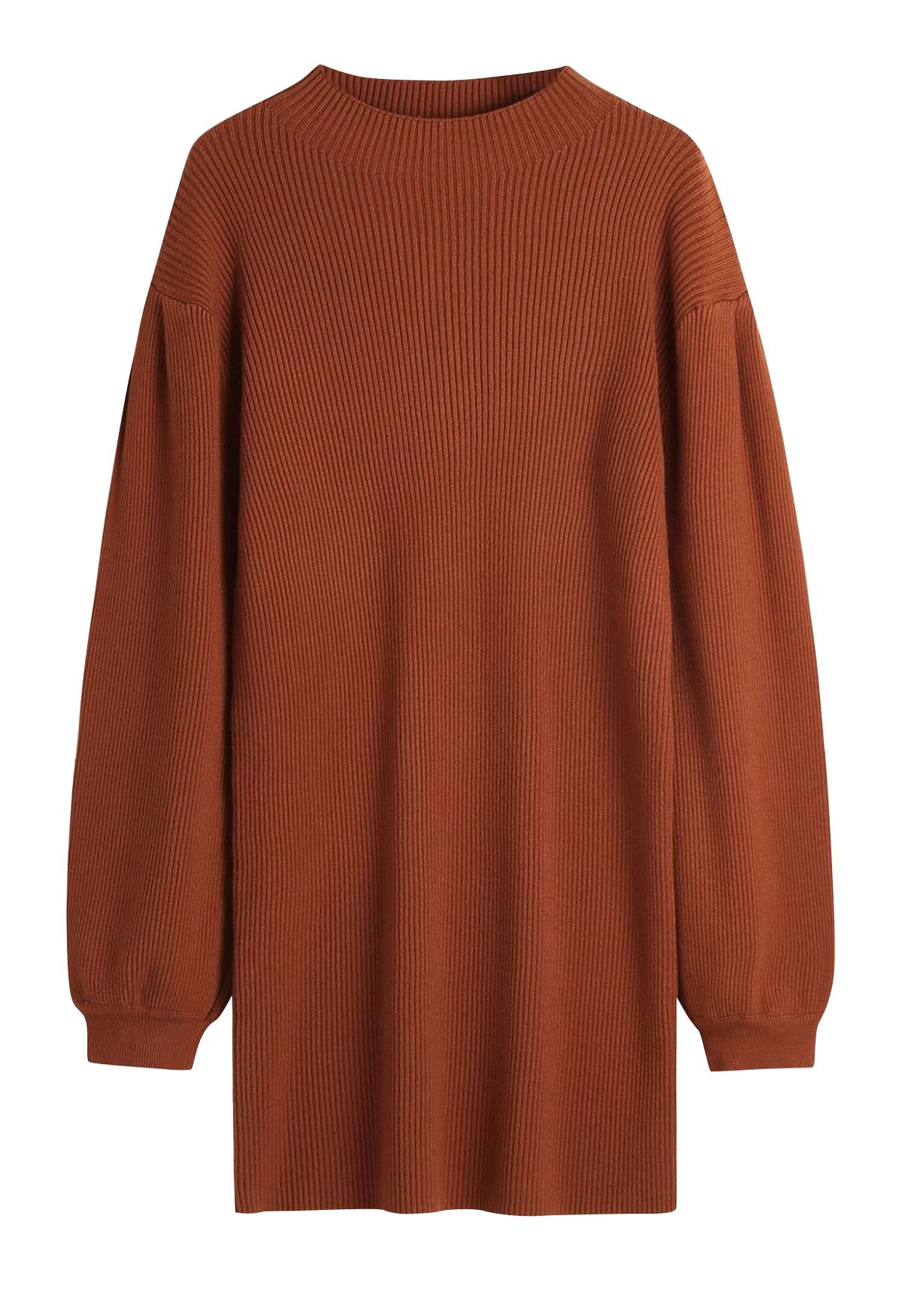 Lantern Sleeve Round Neck Ribbed Sweater Dress in Caramel