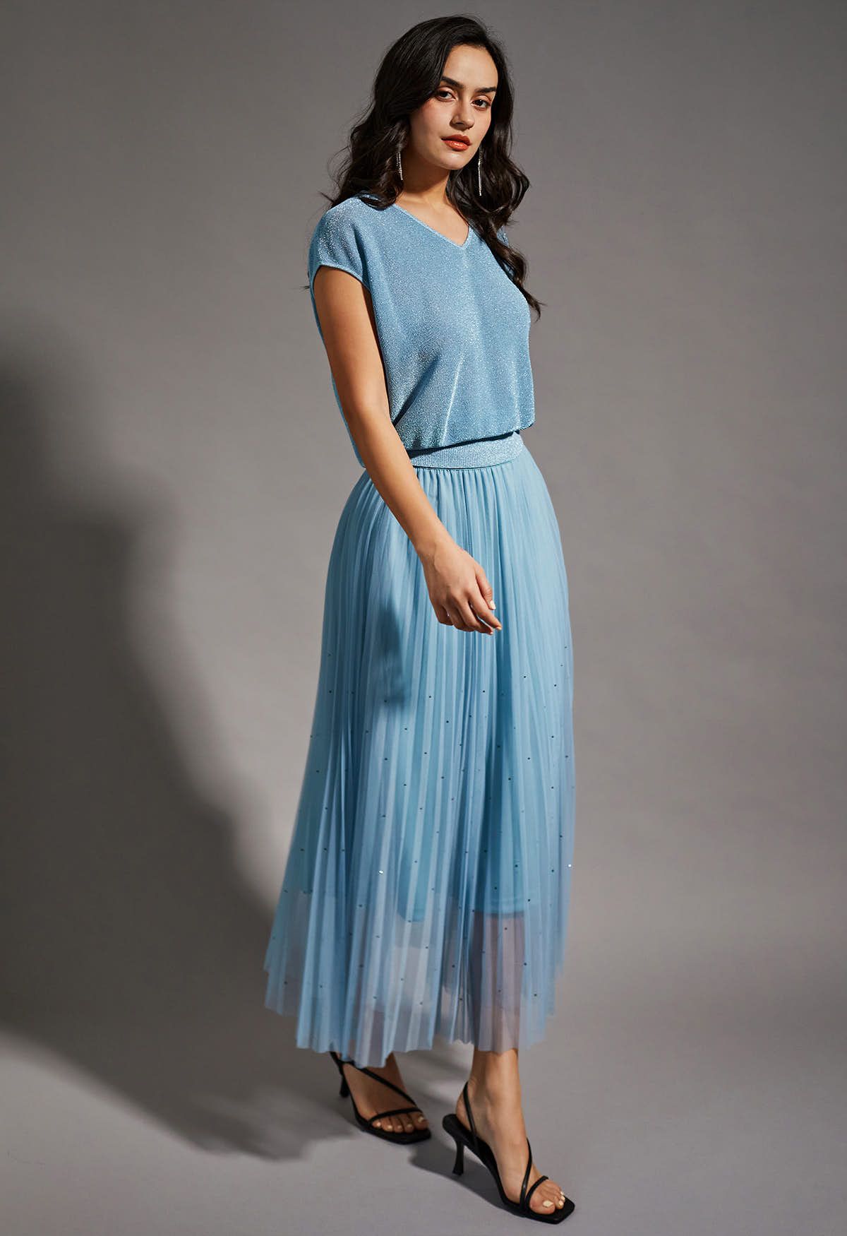 Glitter Embellished Pleated Mesh Tulle Skirt in Light Blue