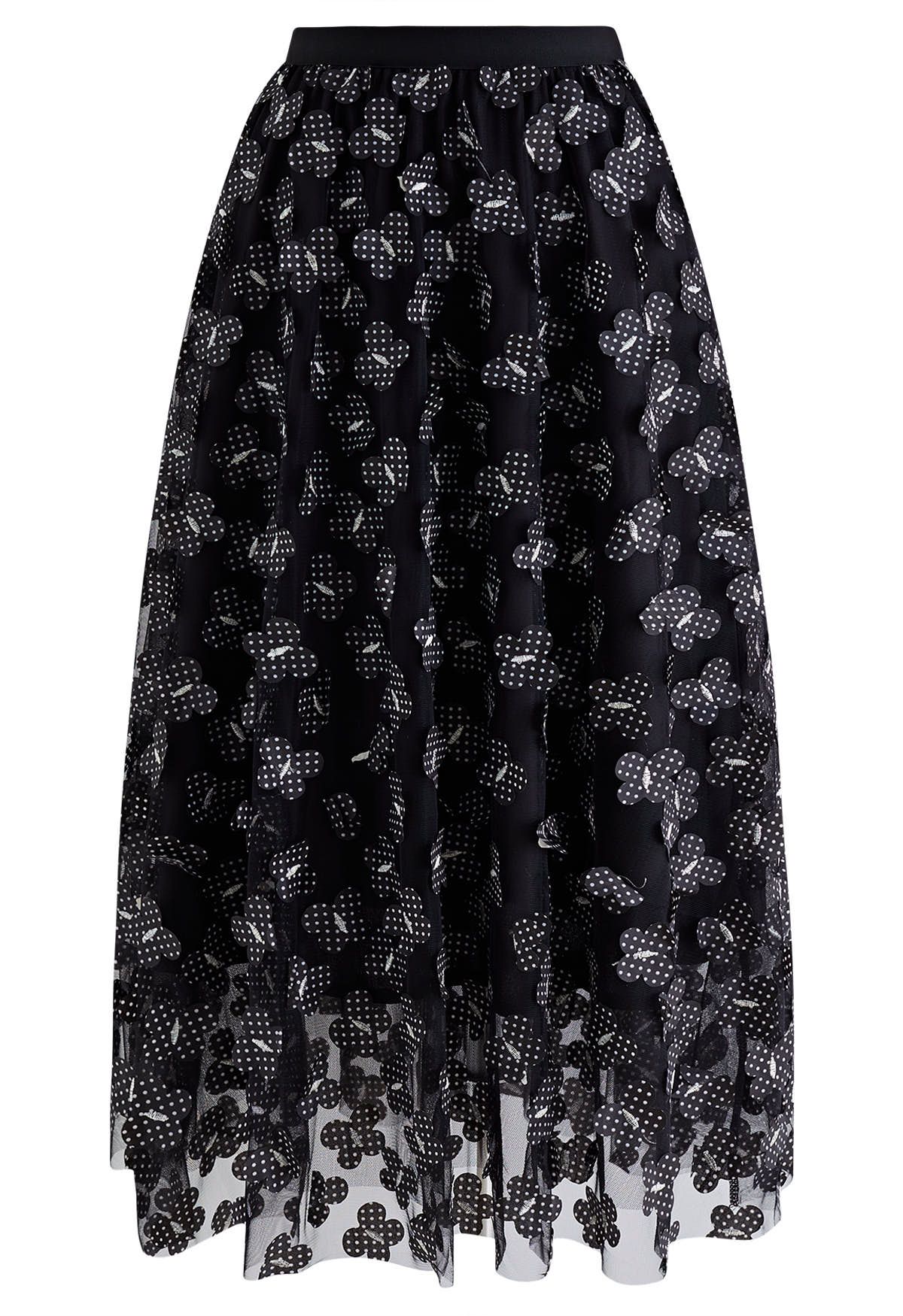 3D Dotted Butterfly Double-Layered Mesh Skirt in Black