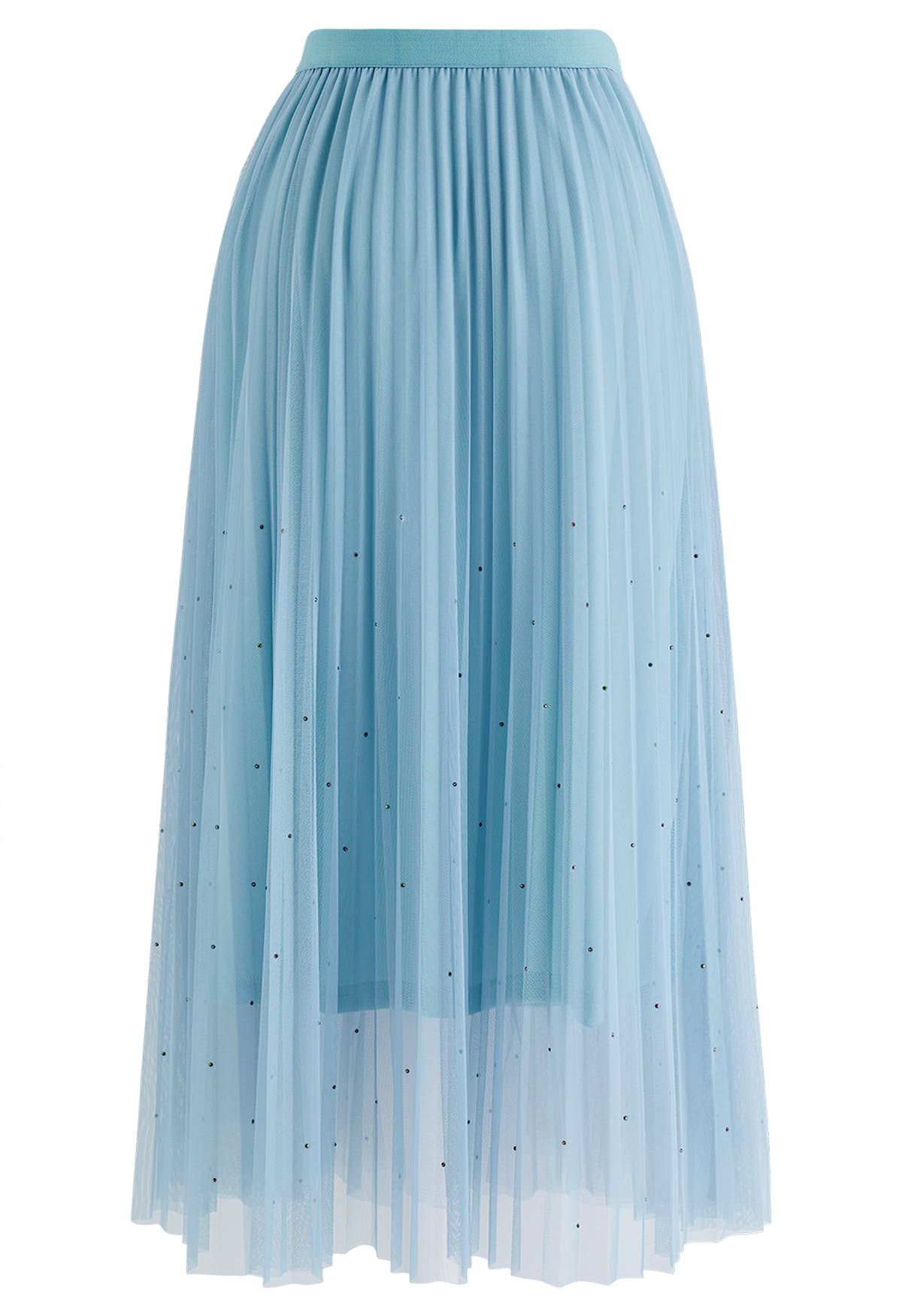 Glitter Embellished Pleated Mesh Tulle Skirt in Light Blue