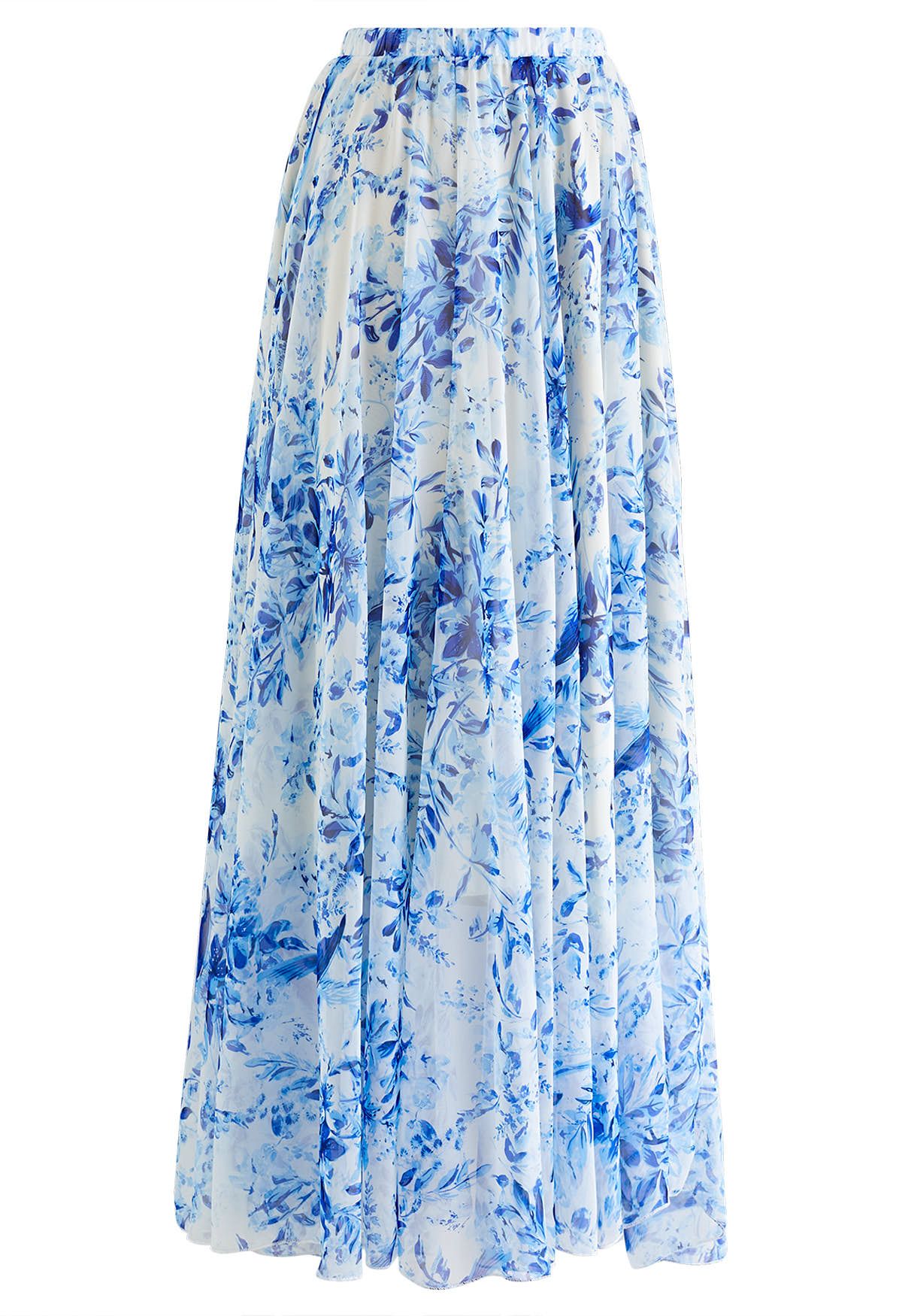 Summer Forest Printed Chiffon Maxi Skirt in Blue