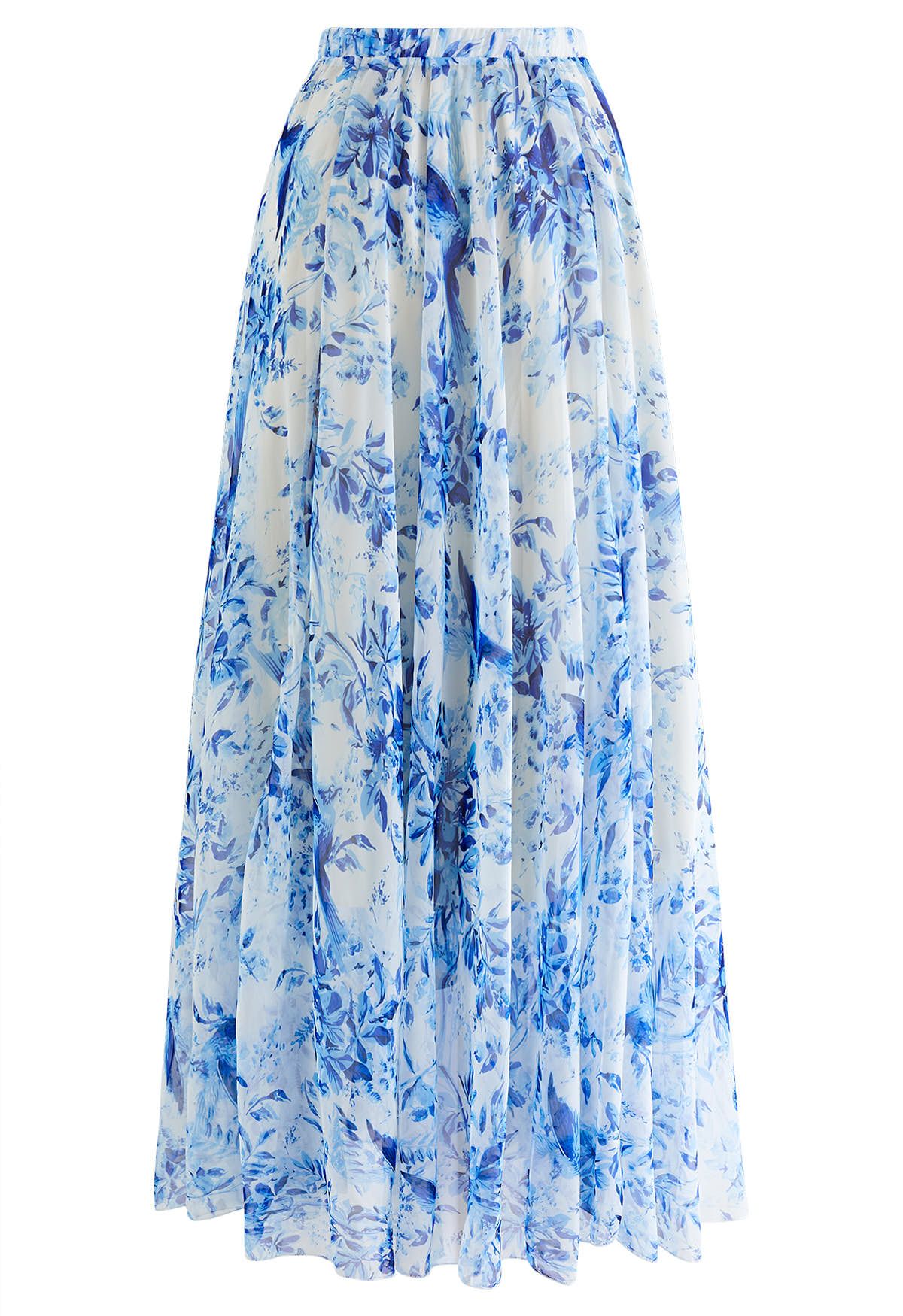 Summer Forest Printed Chiffon Maxi Skirt in Blue