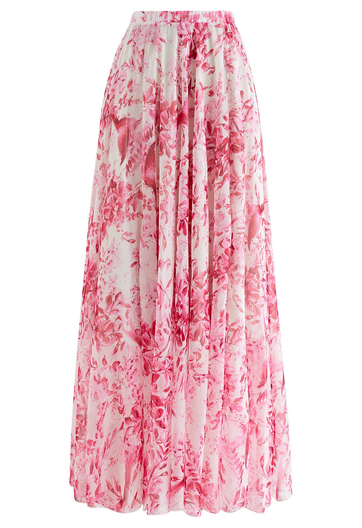 Summer Forest Printed Chiffon Maxi Skirt in Pink