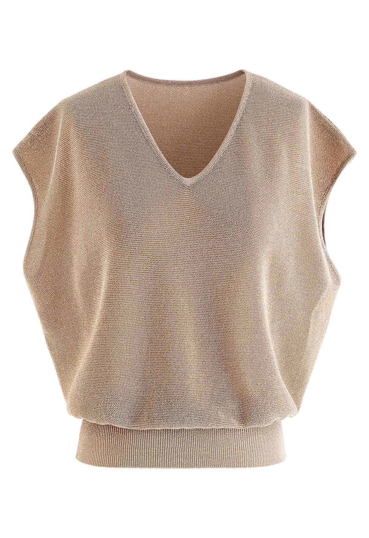 Glimmer Knit V-Neck Sleeveless Top in Light Tan