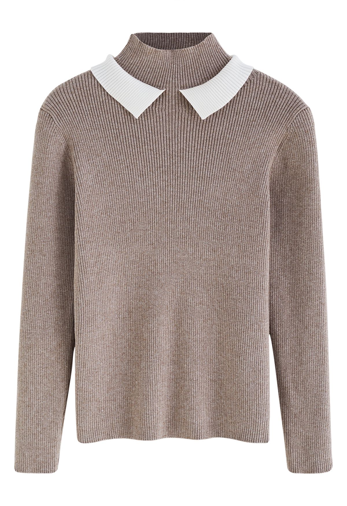 Contrast Doll Collar Mock Neck Knit Top in Taupe