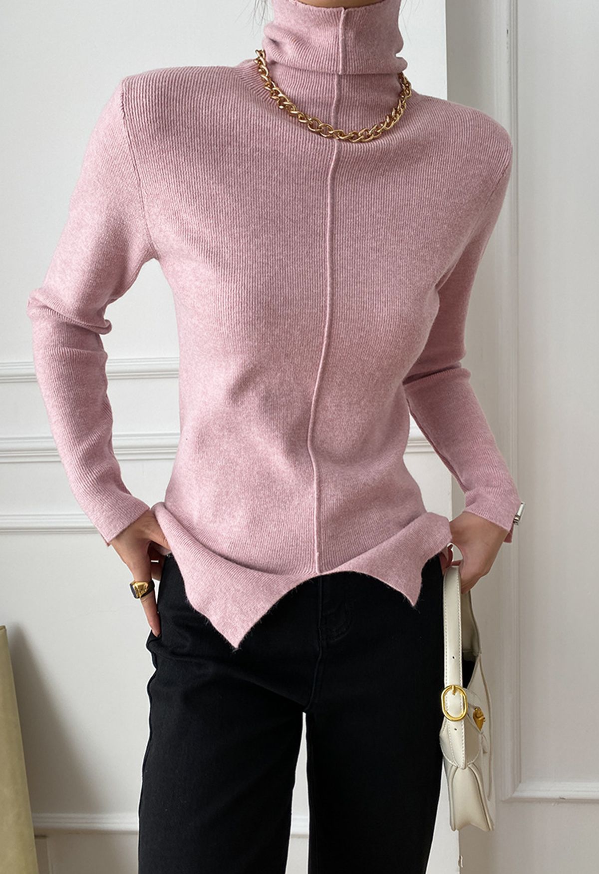 Seam Detail High Neck Slit Knit Top in Pink