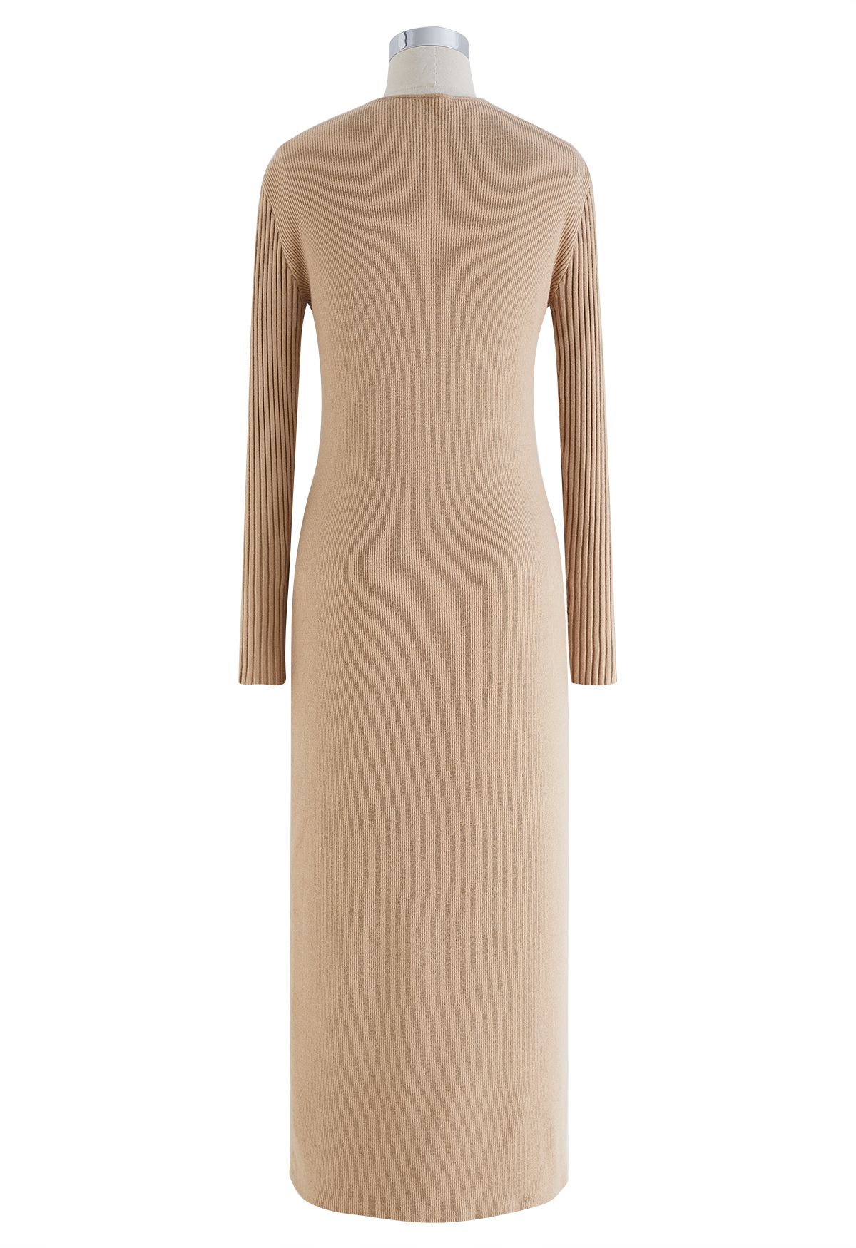 V-Neck Button Down Knit Midi Dress in Light Tan