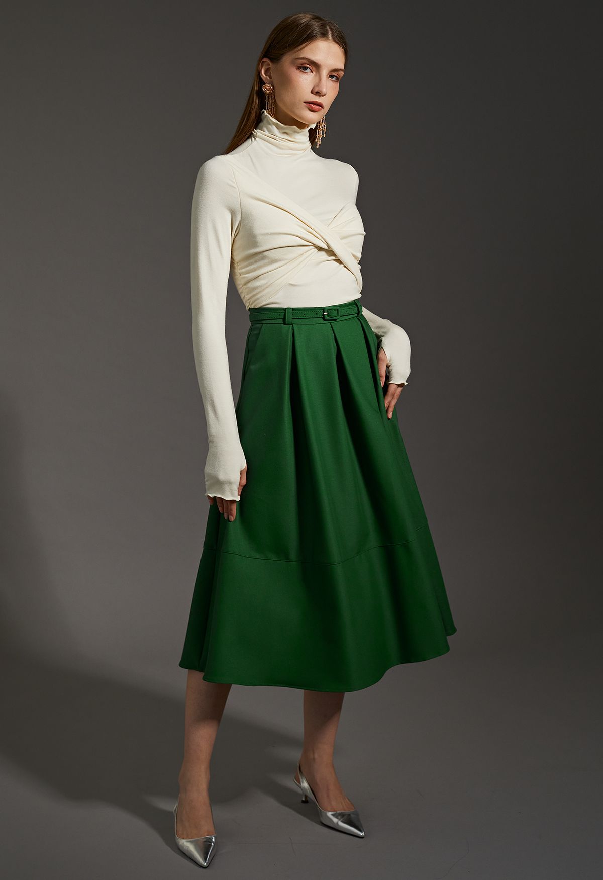 Side Pockets Pleated Belt Midi Skirt in Emerald