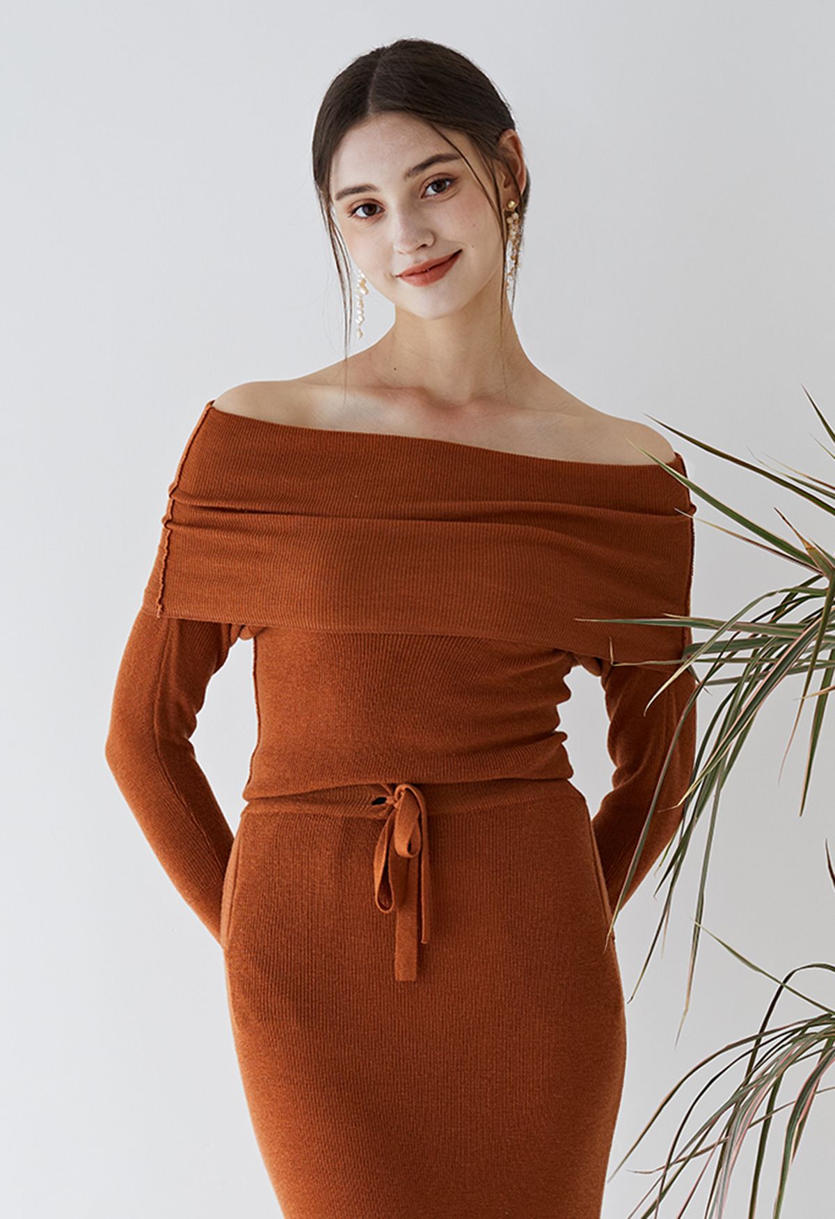 Fold Over Off-Shoulder Knit Top in Pumpkin