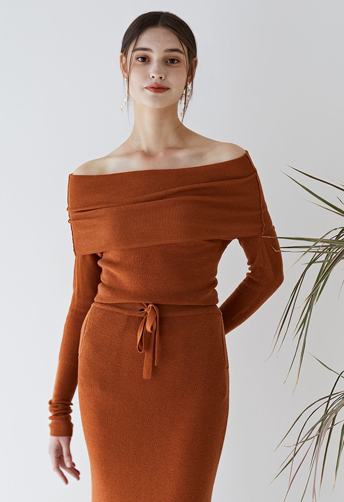 Fold Over Off-Shoulder Knit Top in Pumpkin