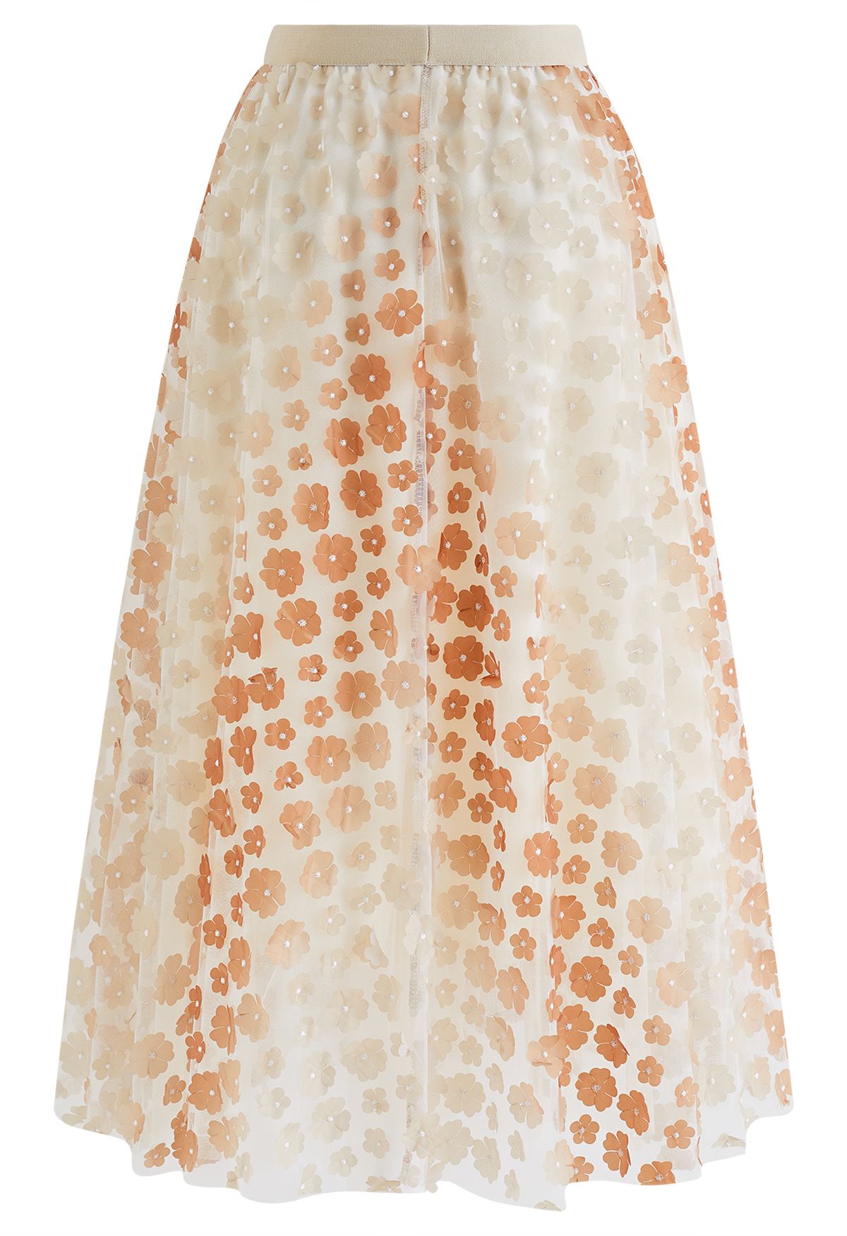 Gradient 3D Flower Double-Layered Mesh Skirt in Apricot