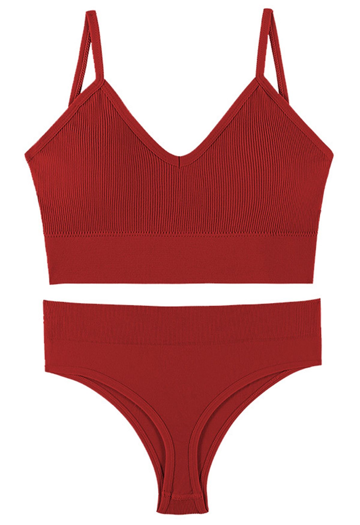 Plain Ribbed Lingerie Bra Top and Thong Set in Red