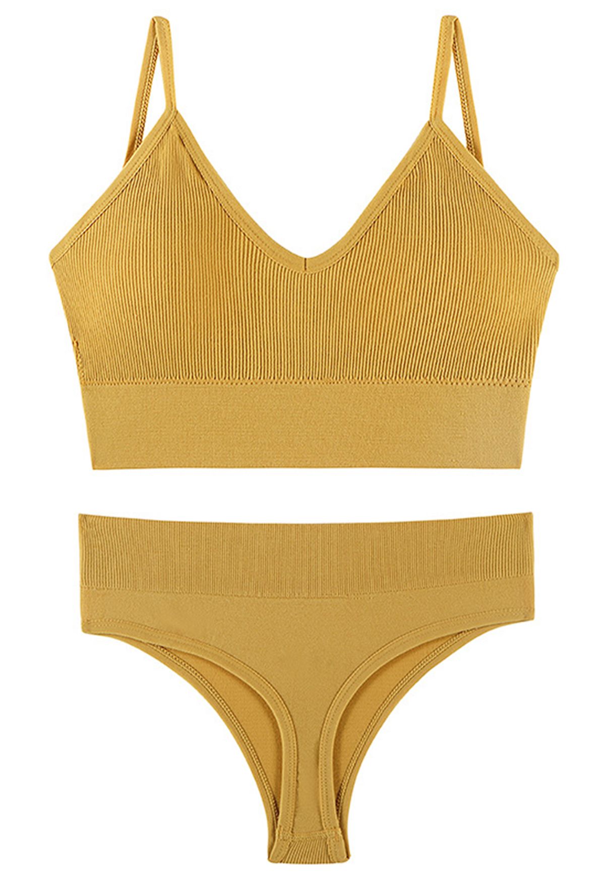 Plain Ribbed Lingerie Bra Top and Thong Set in Mustard