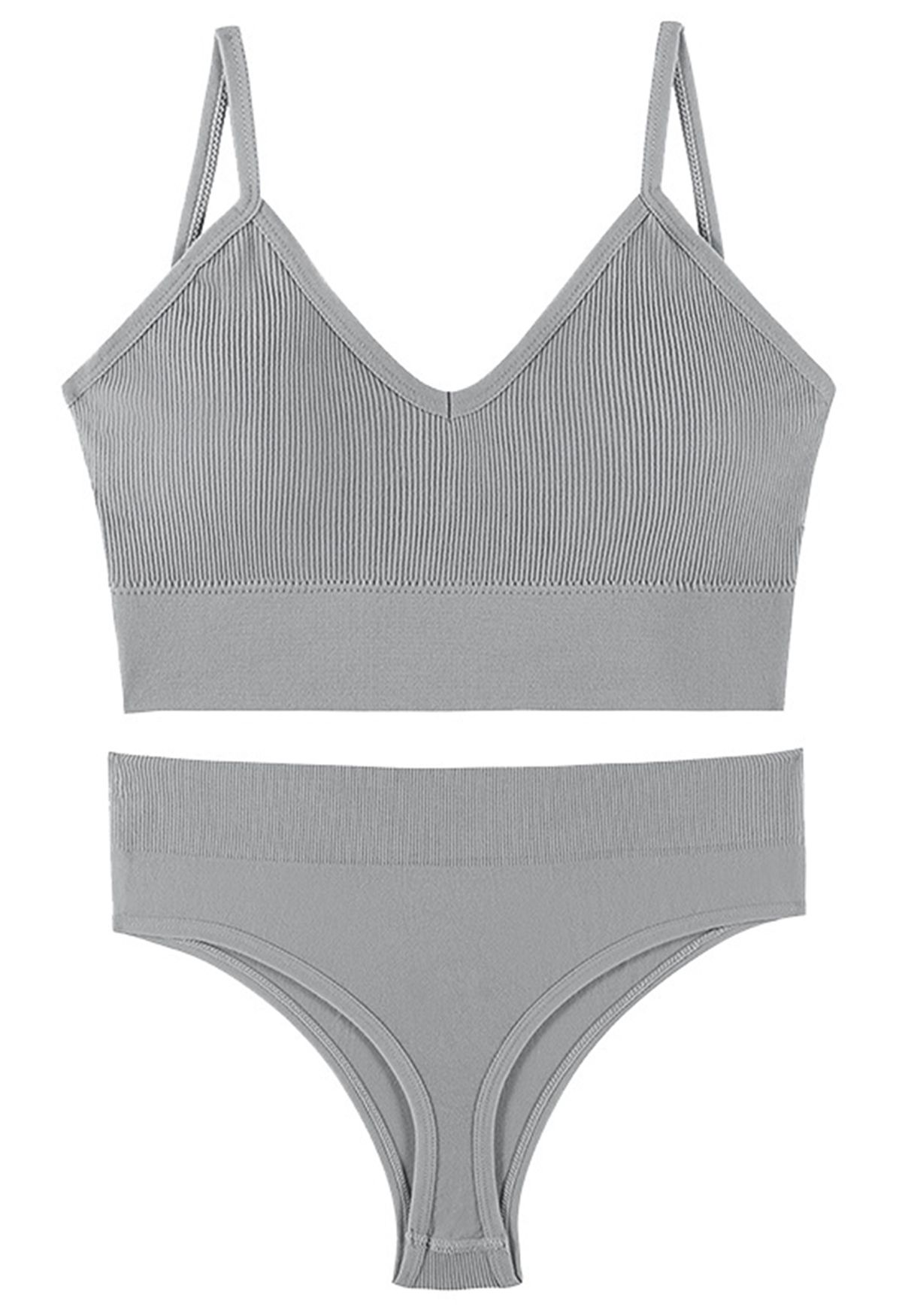 Plain Ribbed Lingerie Bra Top and Thong Set in Grey