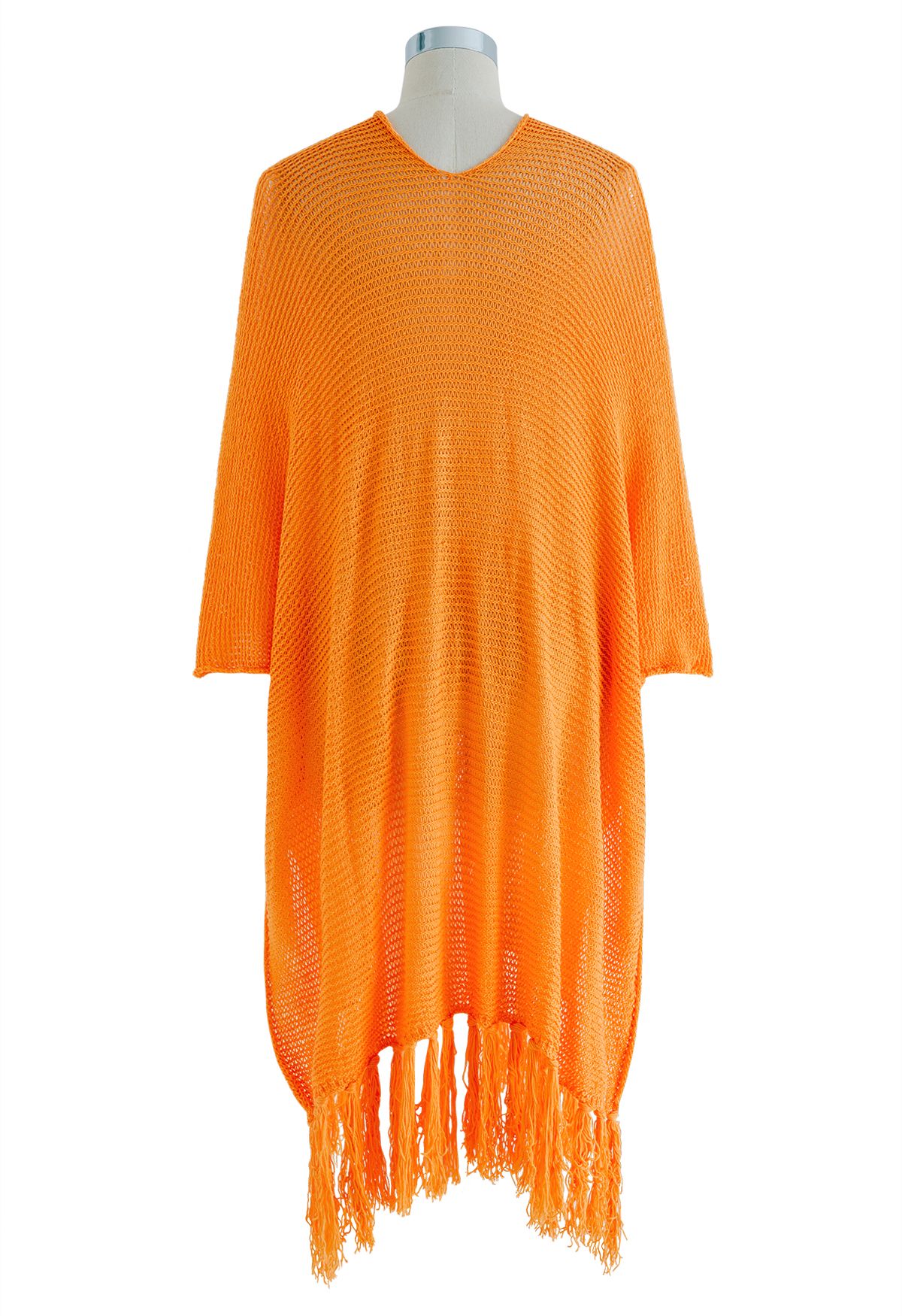 Fringed Hem Pointelle Knit Cover Up in Orange