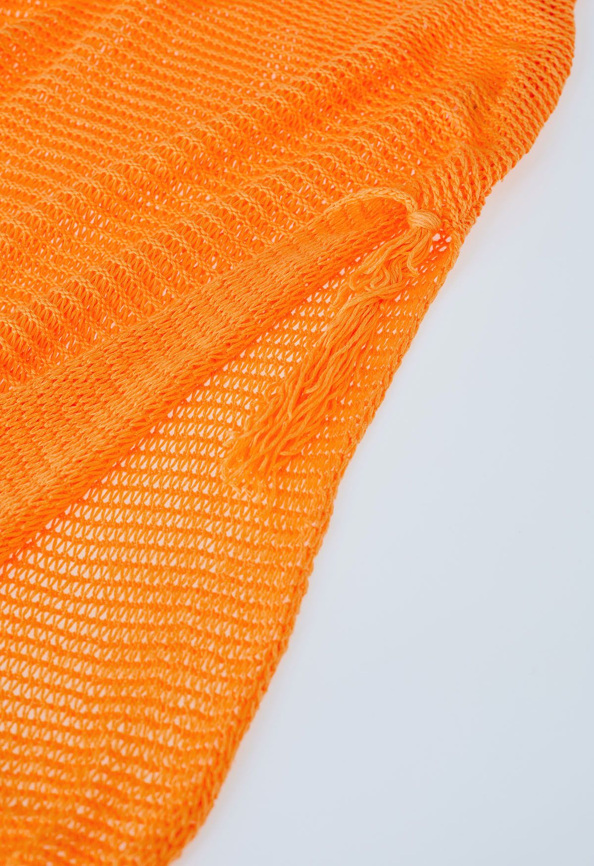 Fringed Hem Pointelle Knit Cover Up in Orange