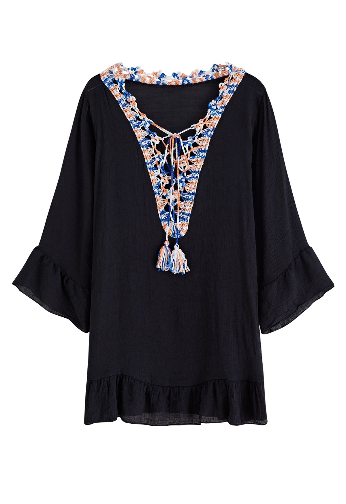 Boho Contrast Crochet Cover Up in Black