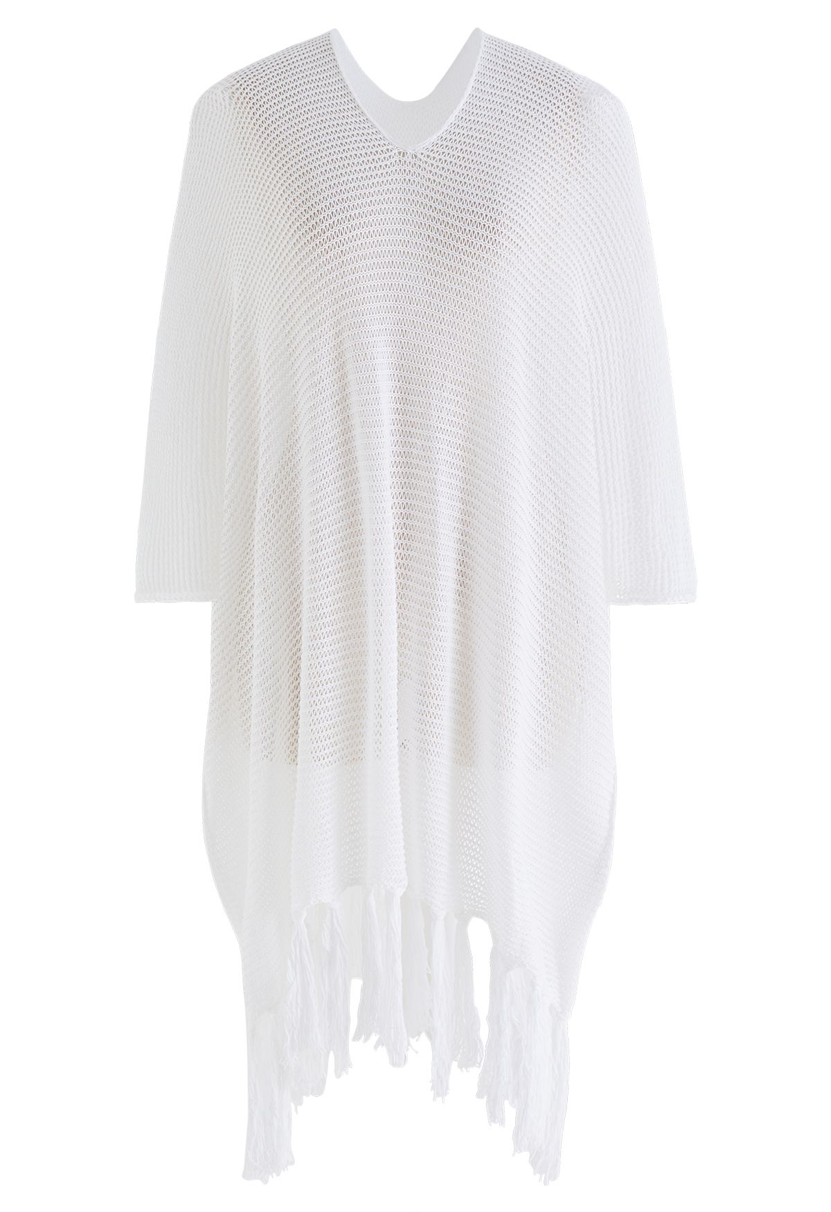 Fringed Hem Pointelle Knit Cover Up in White