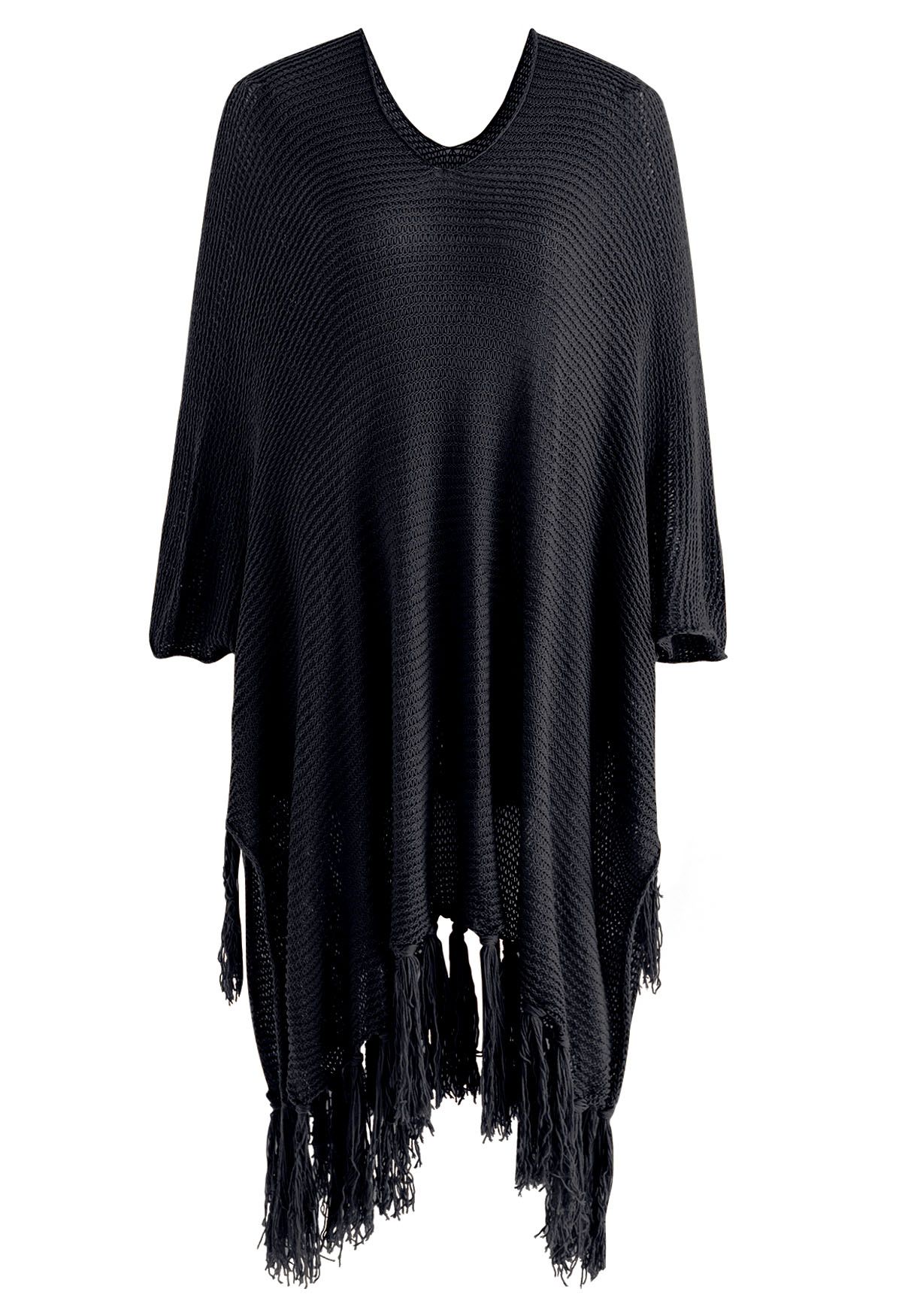 Fringed Hem Pointelle Knit Cover Up in Black