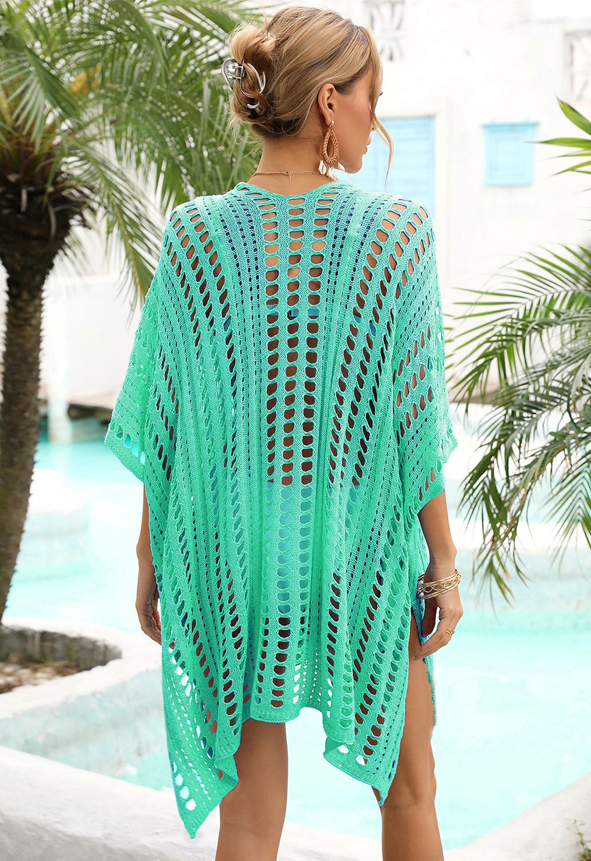 Side Slit Openwork Knit Cover Up in Green