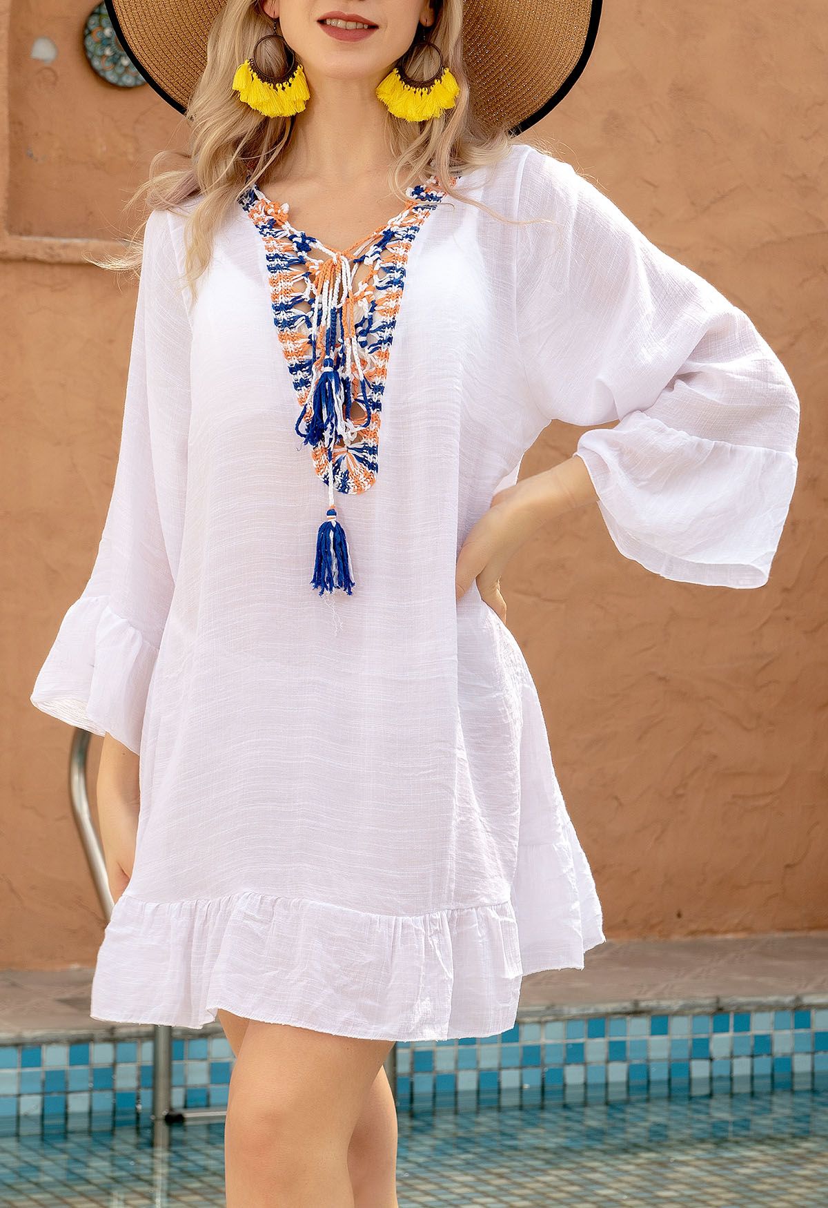 Boho Contrast Crochet Cover Up in White