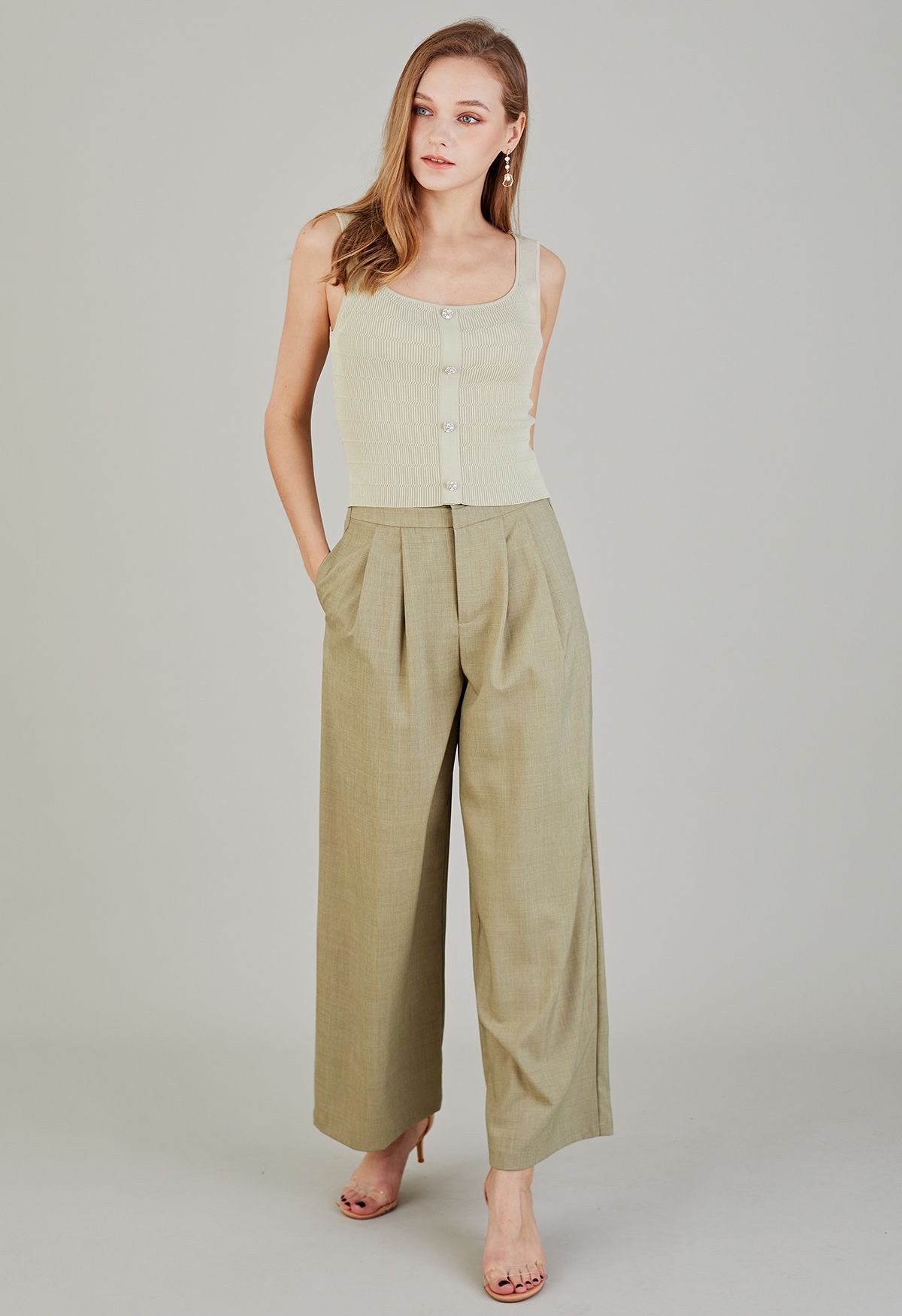 Subtle Pleats Wide-Leg Pants in Sage