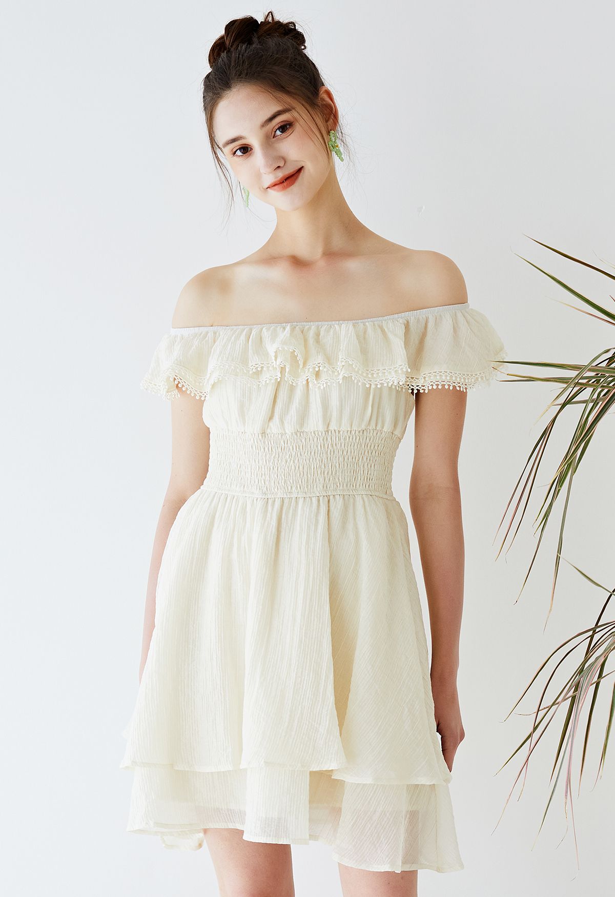 Off-Shoulder Tiered Ruffle Shirred Dress