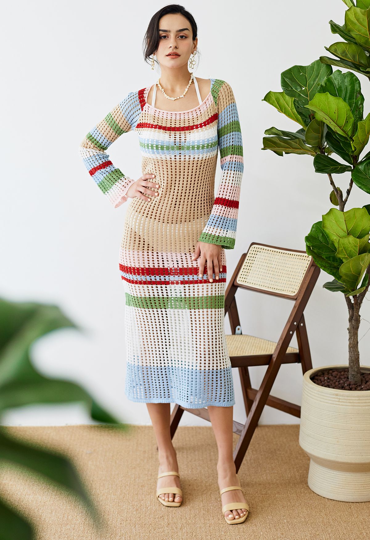 Color Striped Hollow Out Knit Cover Up