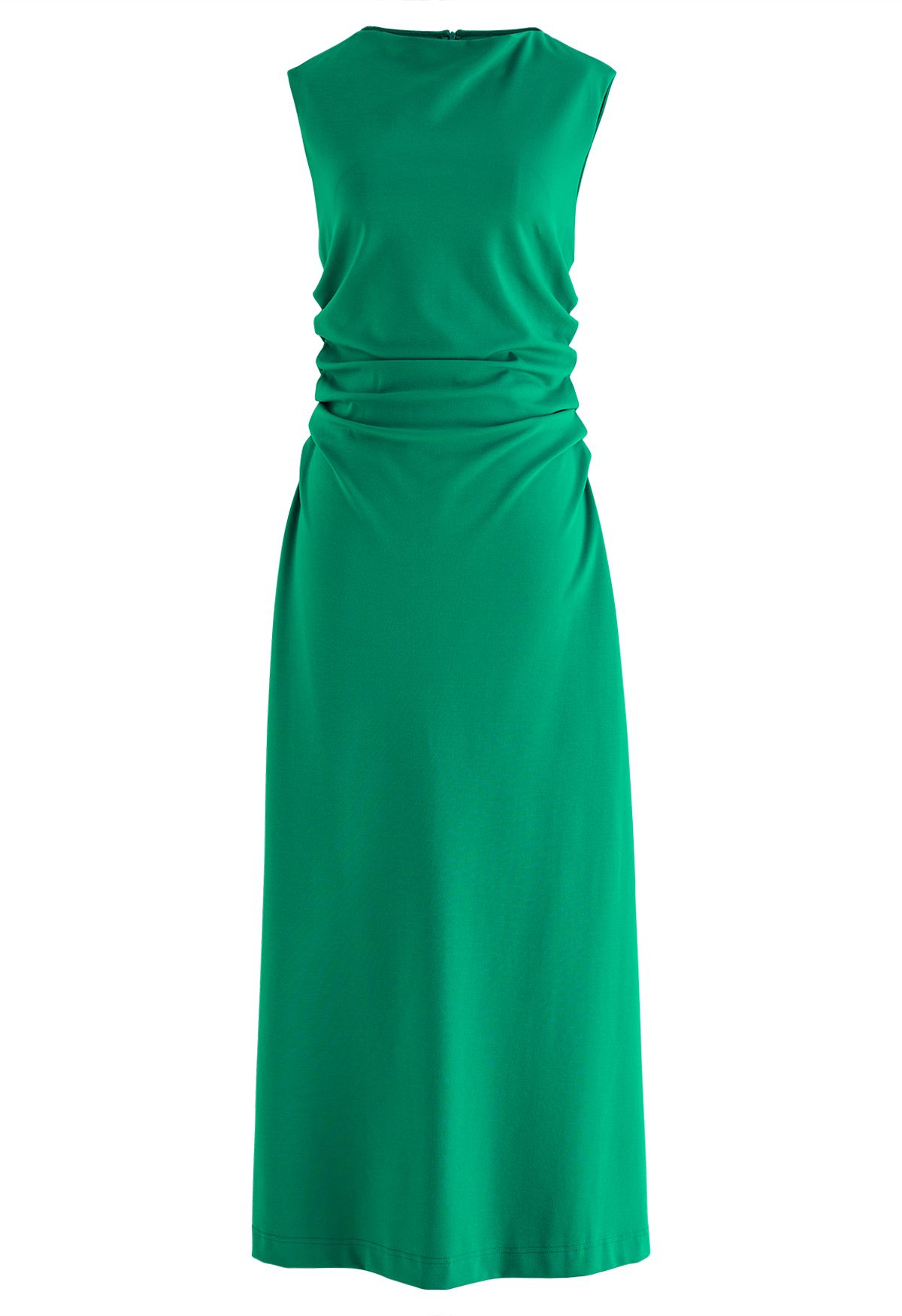 Drape Neck Ruched Waist Sleeveless Dress in Green