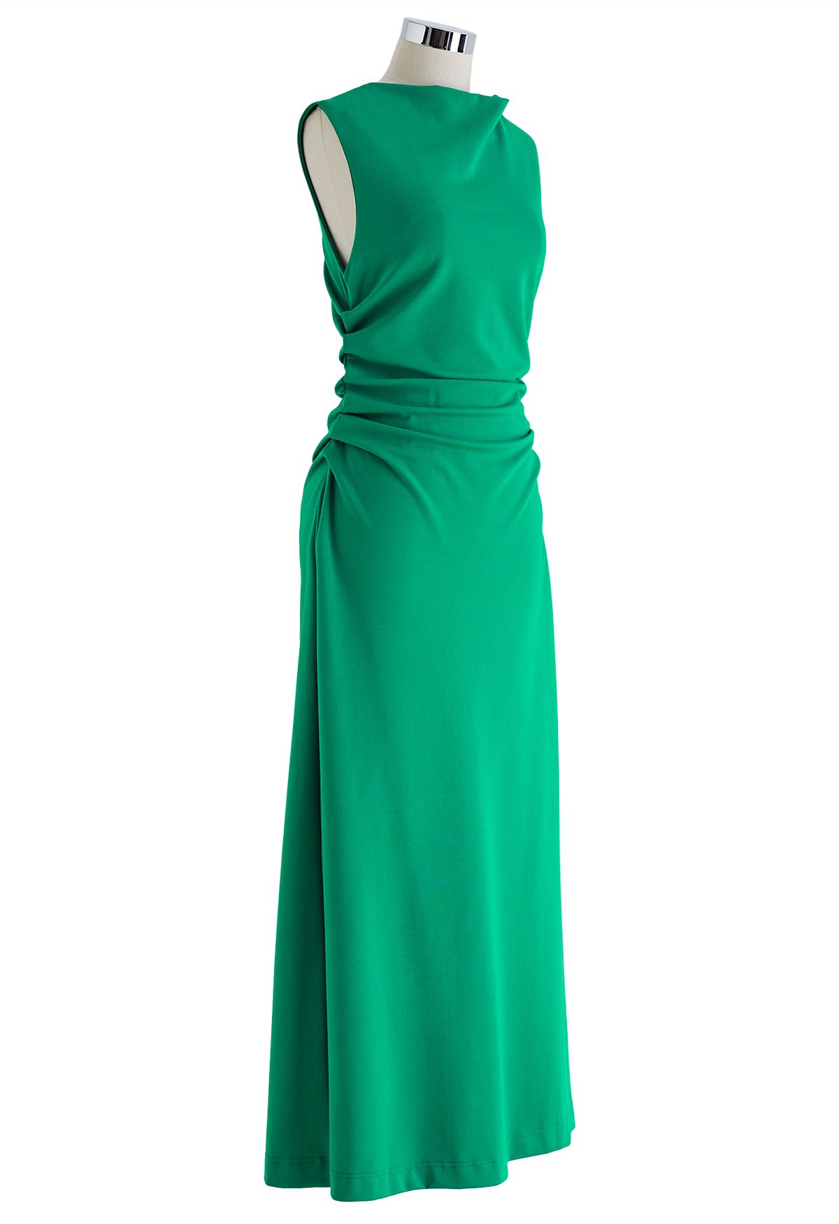 Drape Neck Ruched Waist Sleeveless Dress in Green