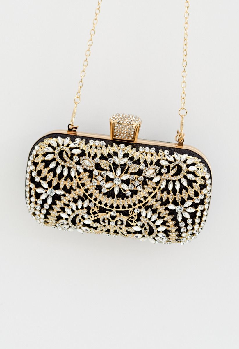 Glittering Floral Rhinestone Inserted Clutch in Black