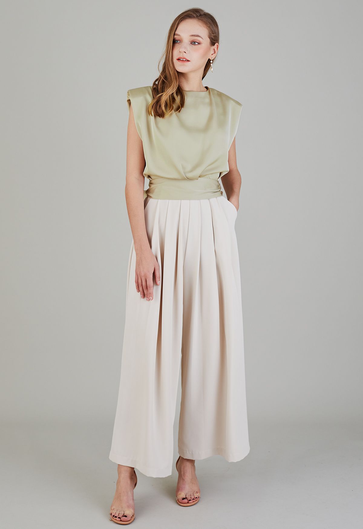 Fanciful Pleats Wide-Leg Pants in Ivory