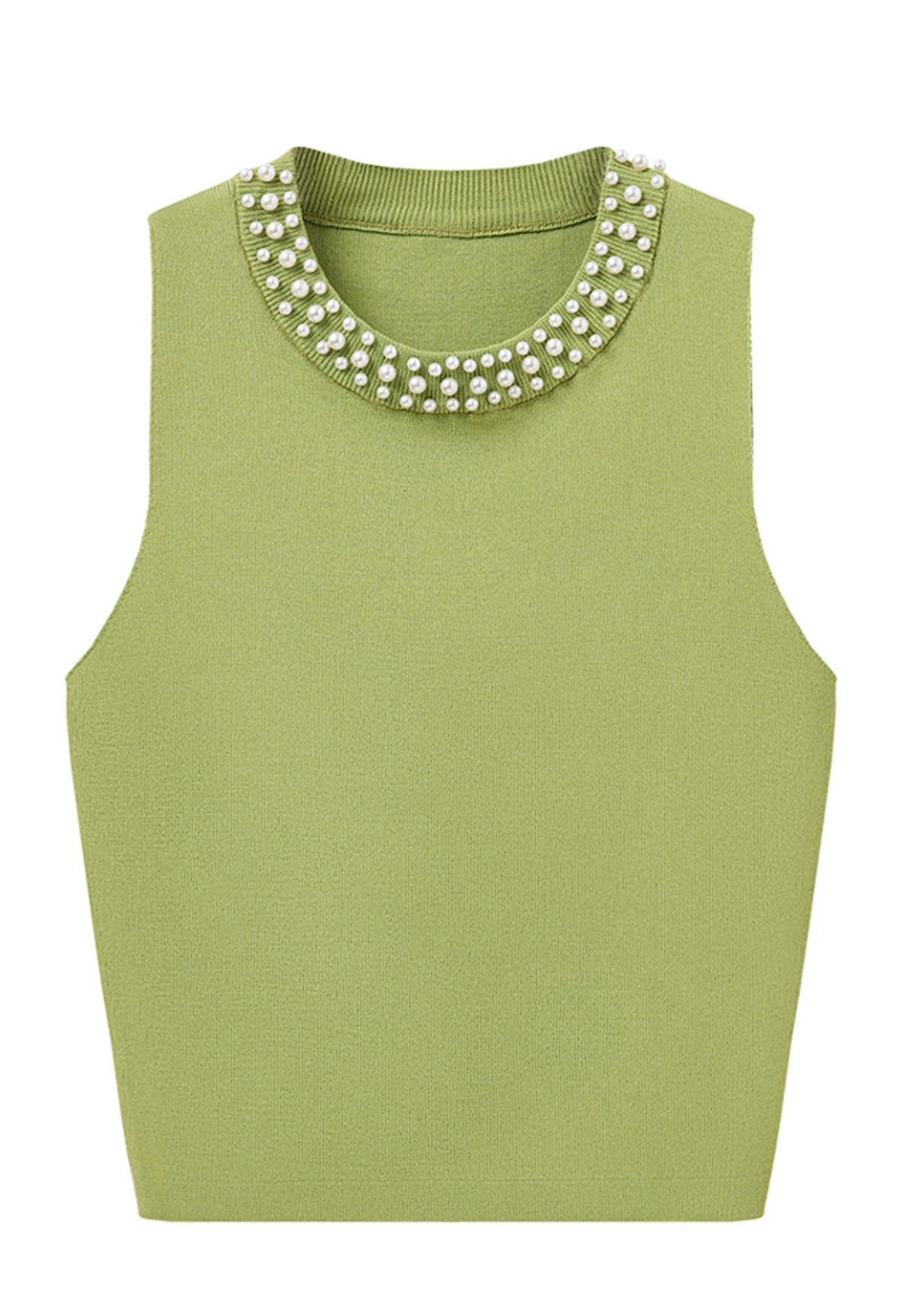 Pearly Neckline Knit Tank Top in Green